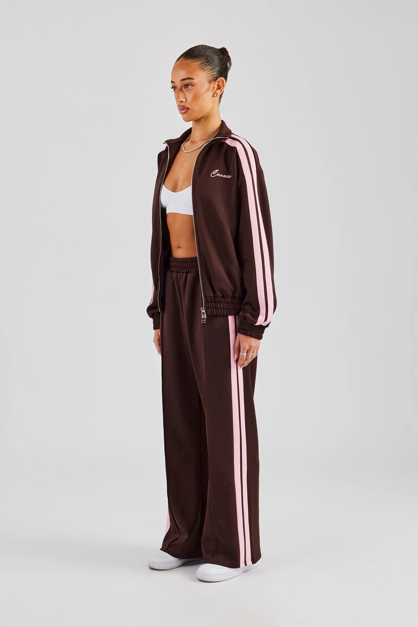 Funnel Neck Pink Taping Zip Through Tracksuit - Chocolate - Image 8