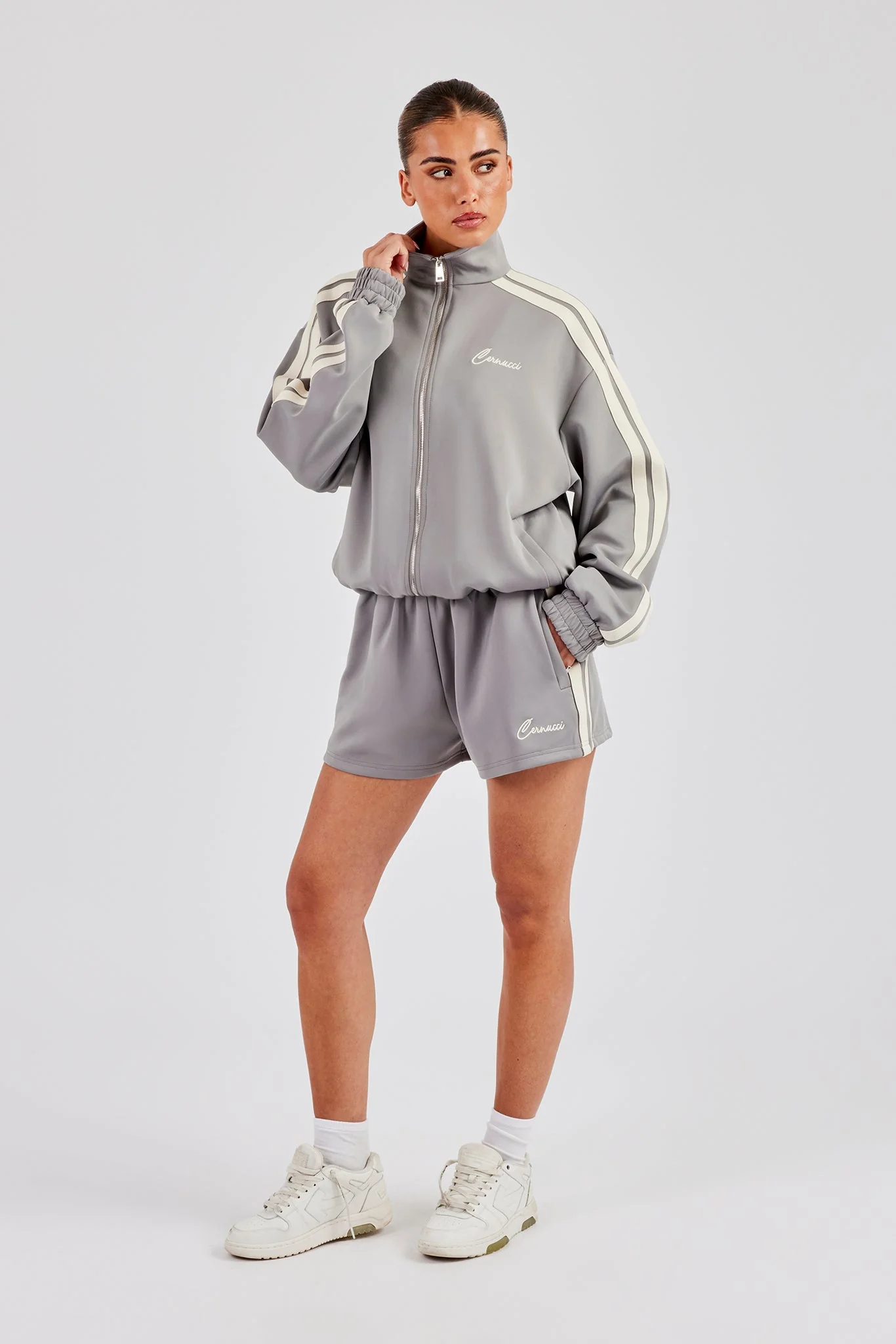 Funnel Neck Taping Jacket & Shorts - Grey - Image 5