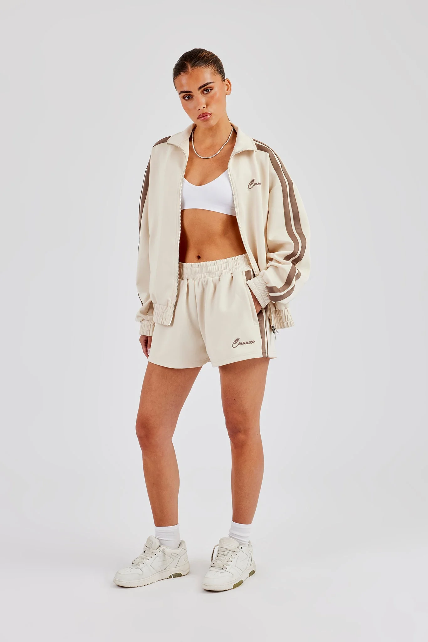 Funnel Neck Taping Zip Through Jacket & Short - Off White - Image 2
