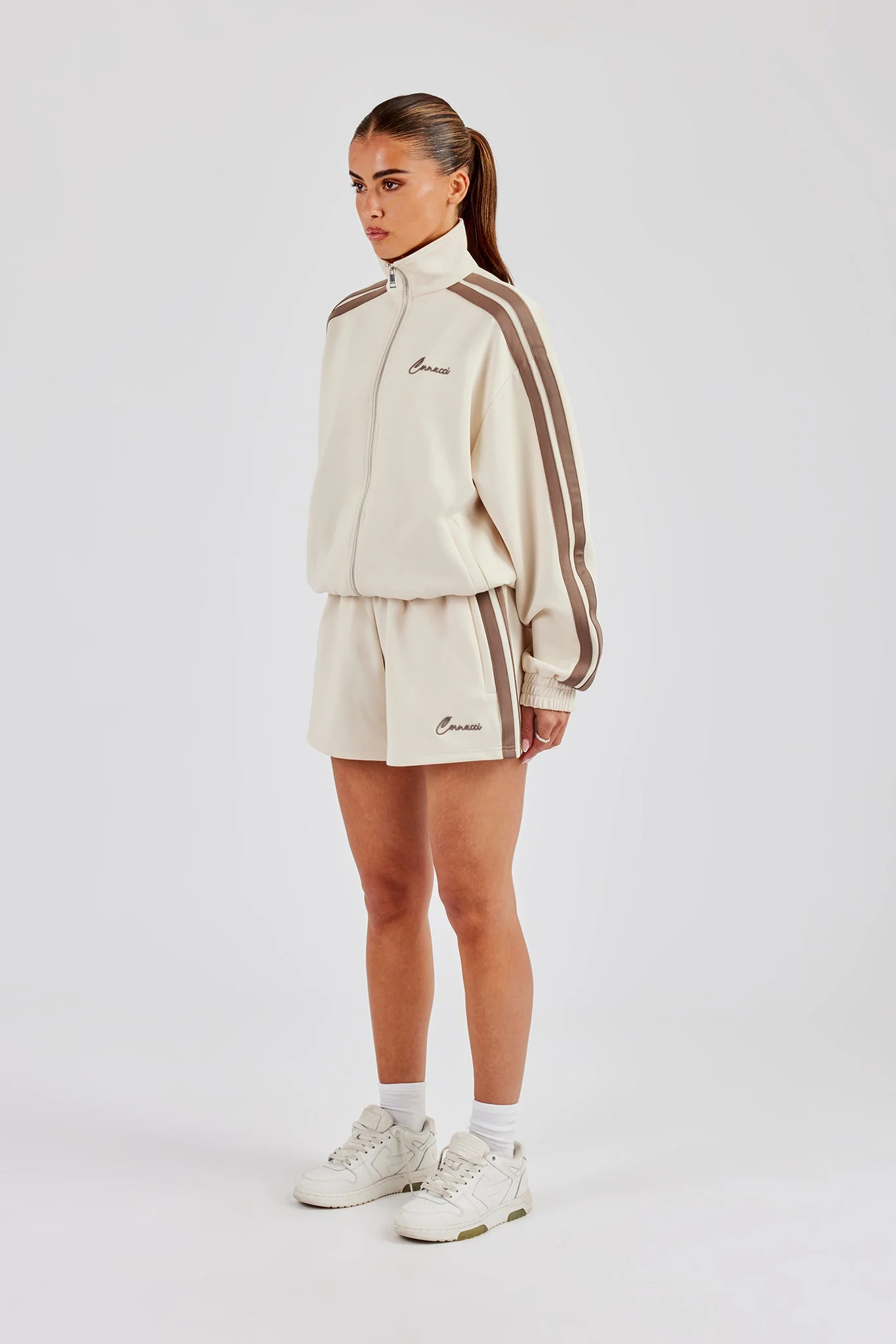 Funnel Neck Taping Zip Through Jacket & Short - Off White - Image 3