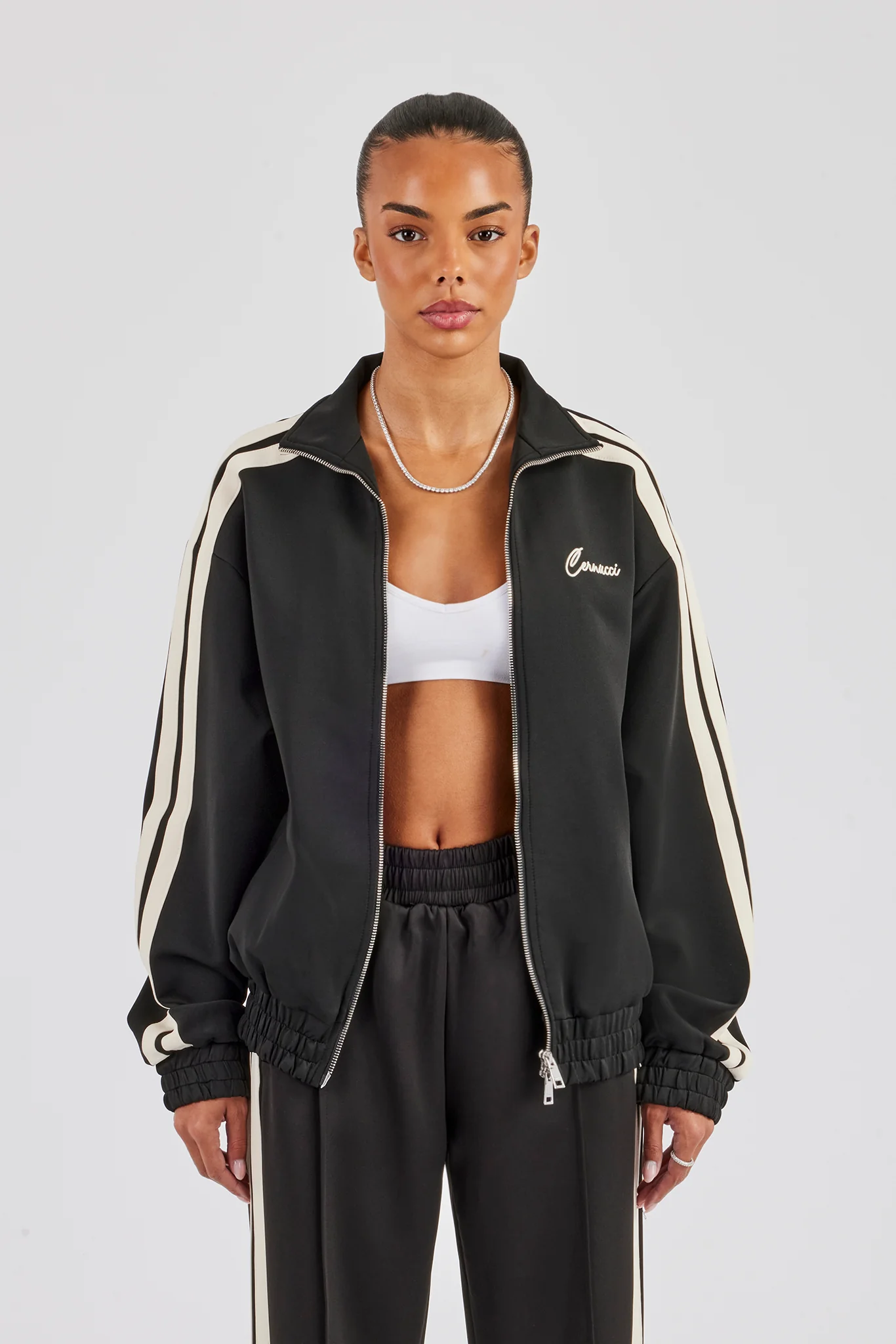 Funnel Neck Taping Zip Through Track Jacket - Black - Image 7