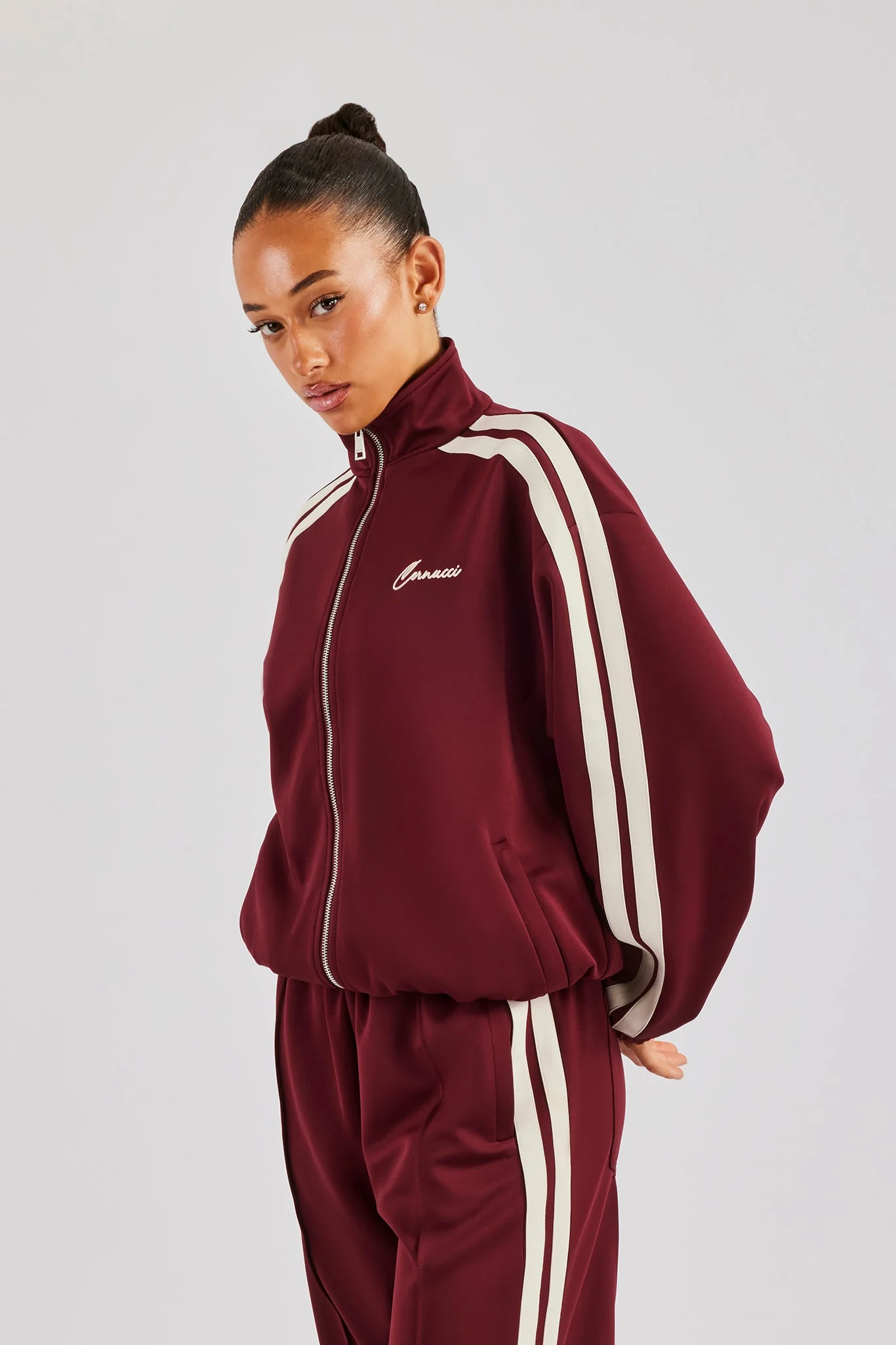 Funnel Neck Taping Zip Through Track Jacket - Burgundy - Image 2