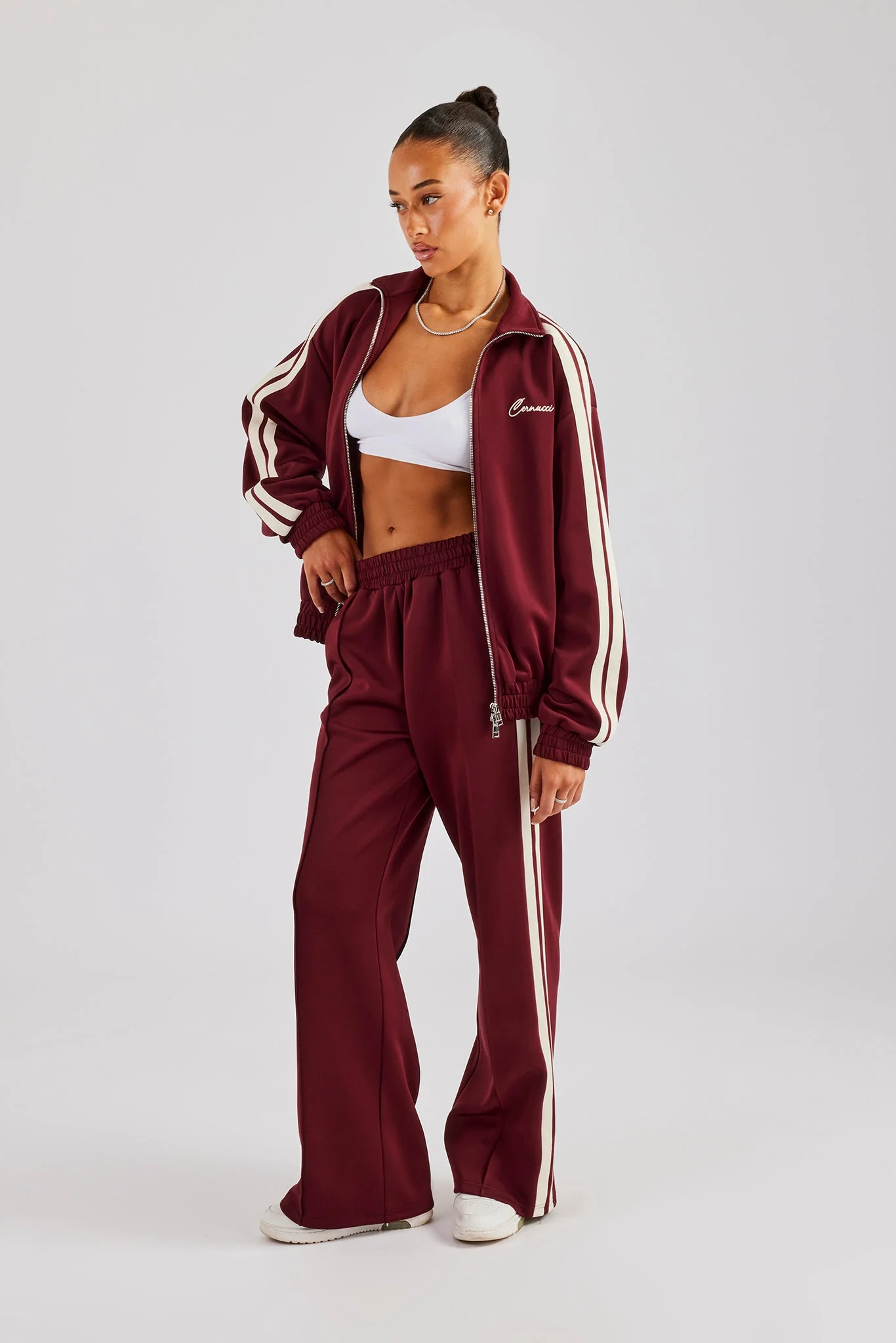 Funnel Neck Taping Zip Through Track Jacket - Burgundy - Image 4