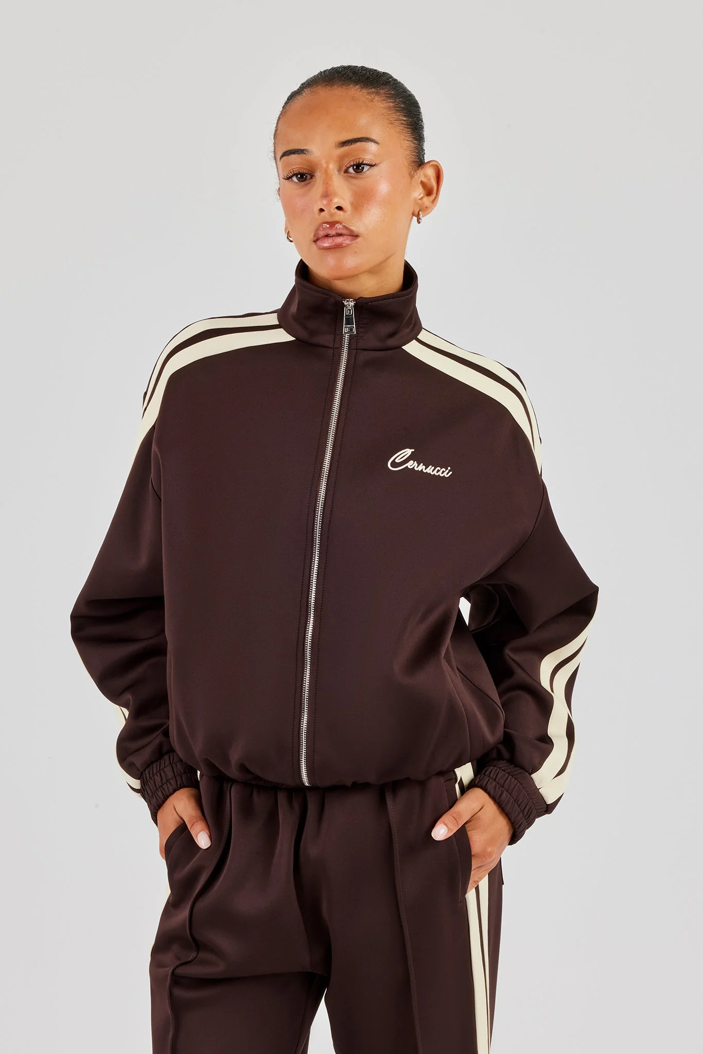 Funnel Neck Butter Yellow Taping Zip Through Track Jacket - Chocolate - Image 2