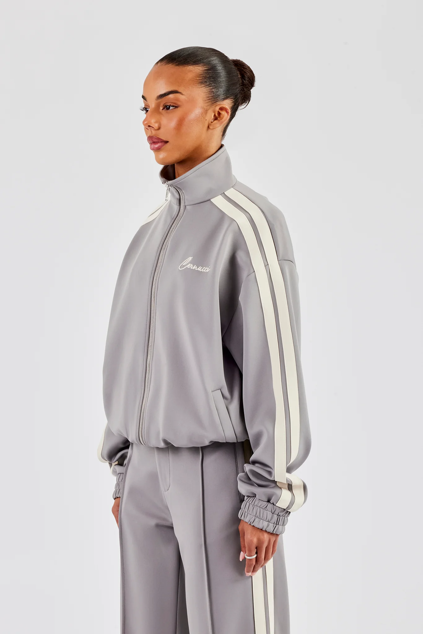 Funnel Neck Taping Zip Through Track Jacket - Grey - Image 4