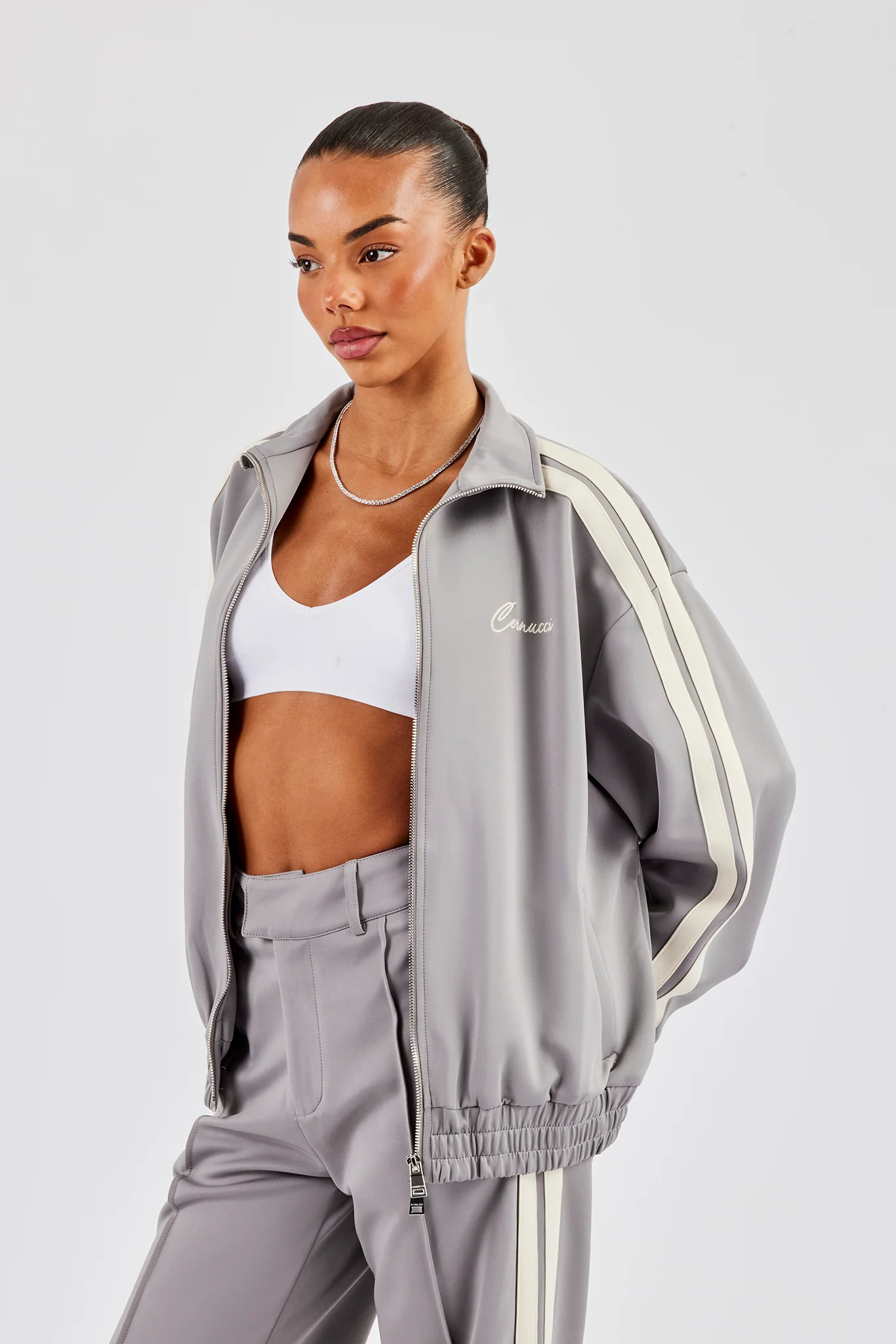 Funnel Neck Taping Zip Through Track Jacket - Grey - Image 5