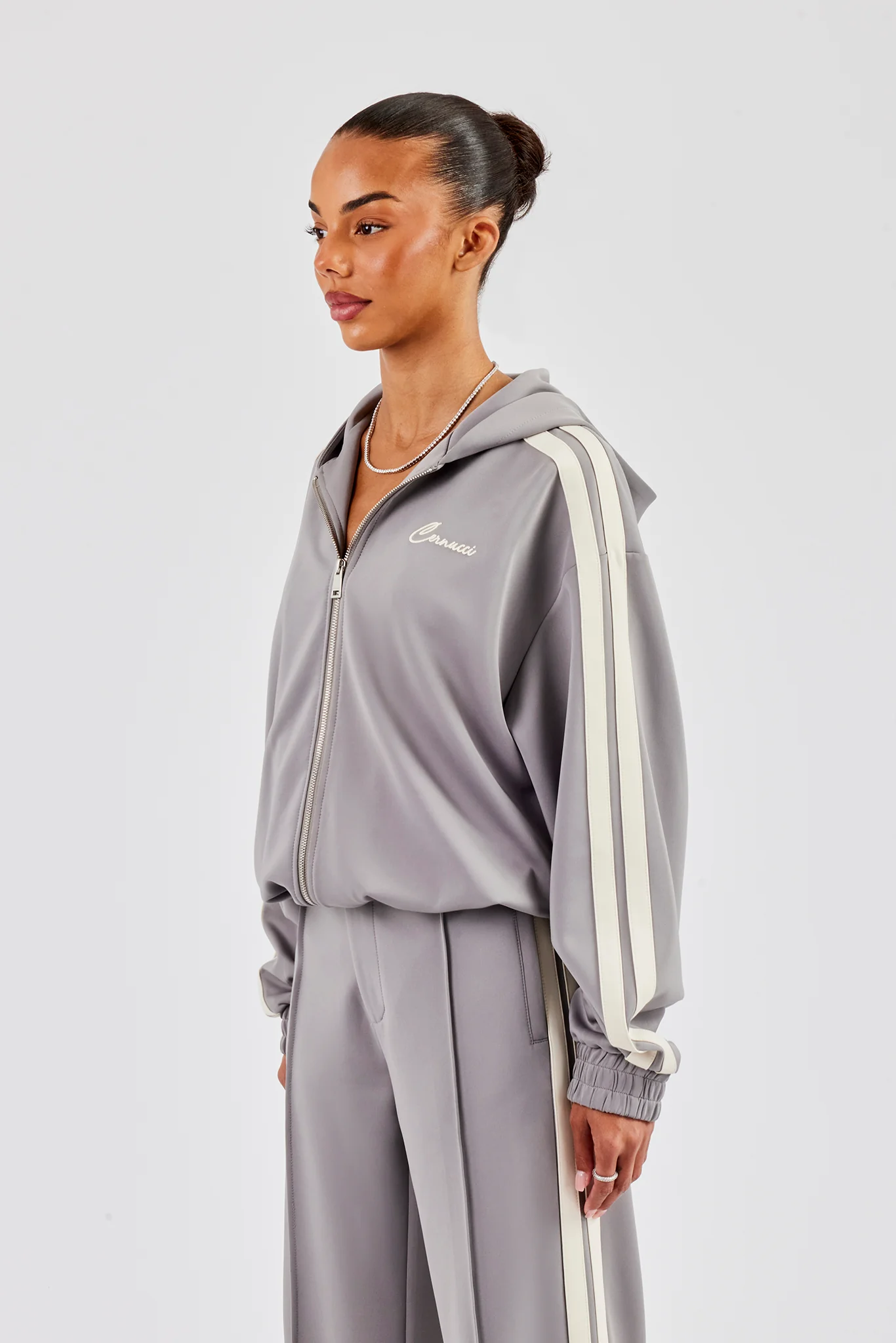 Funnel Neck Taping Zip Through Track Jacket - Grey - Image 6