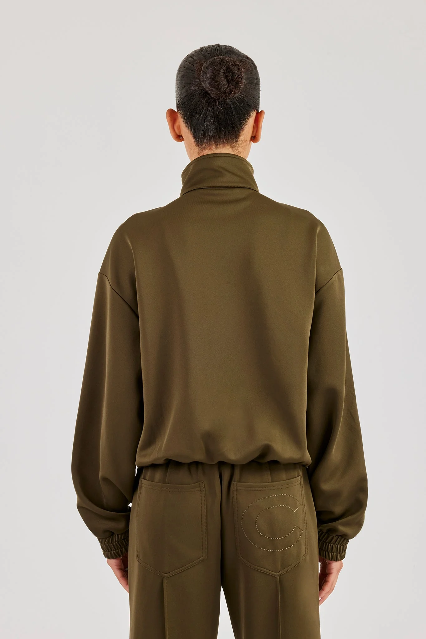 Funnel Neck Taping Zip Through Track Jacket - Khaki - Image 3