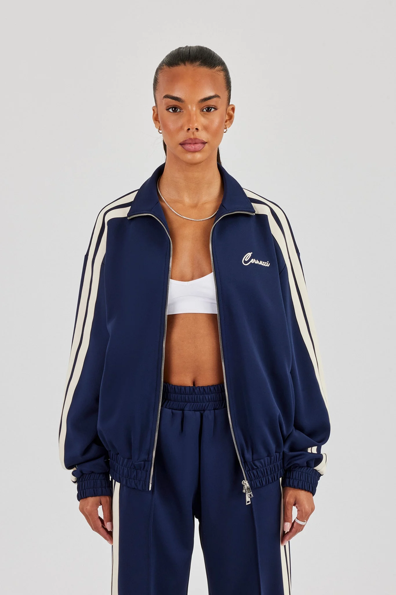 Funnel Neck Taping Zip Through Track Jacket - Navy Blue - Image 2