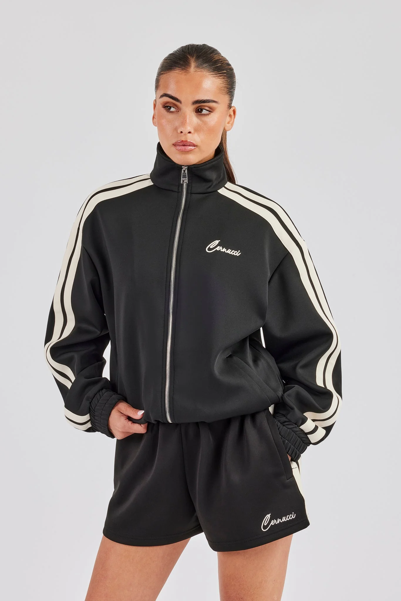 Funnel Neck Taping Zip Through Track Jacket & Short- Black - Image 4