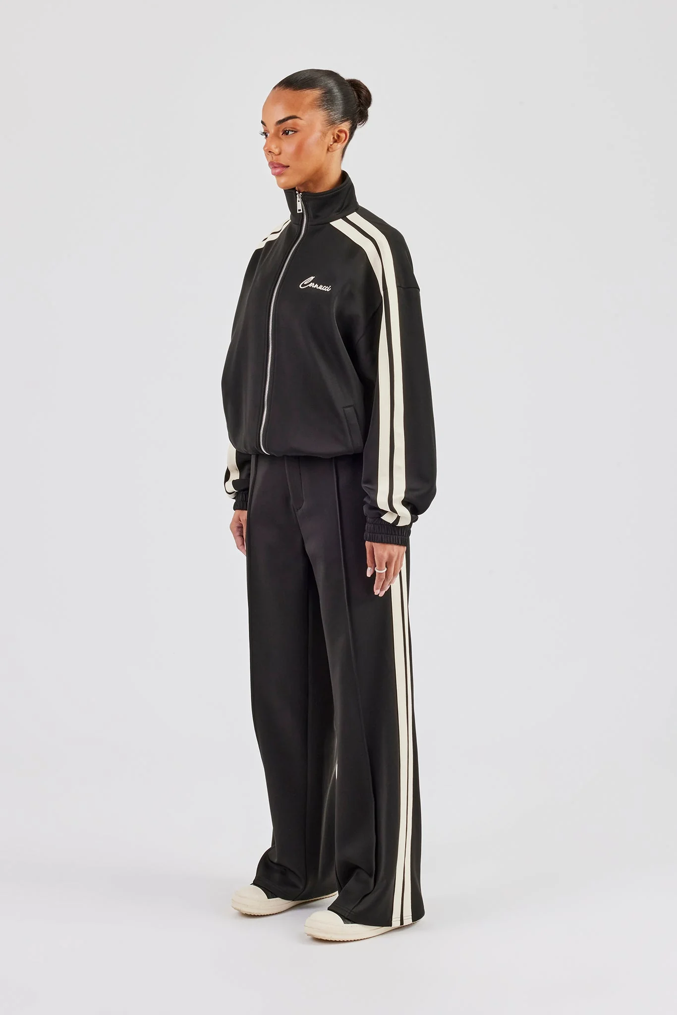 Funnel Neck Taping Zip Through Track Jacket & Tailored Trouser - Black - Image 2