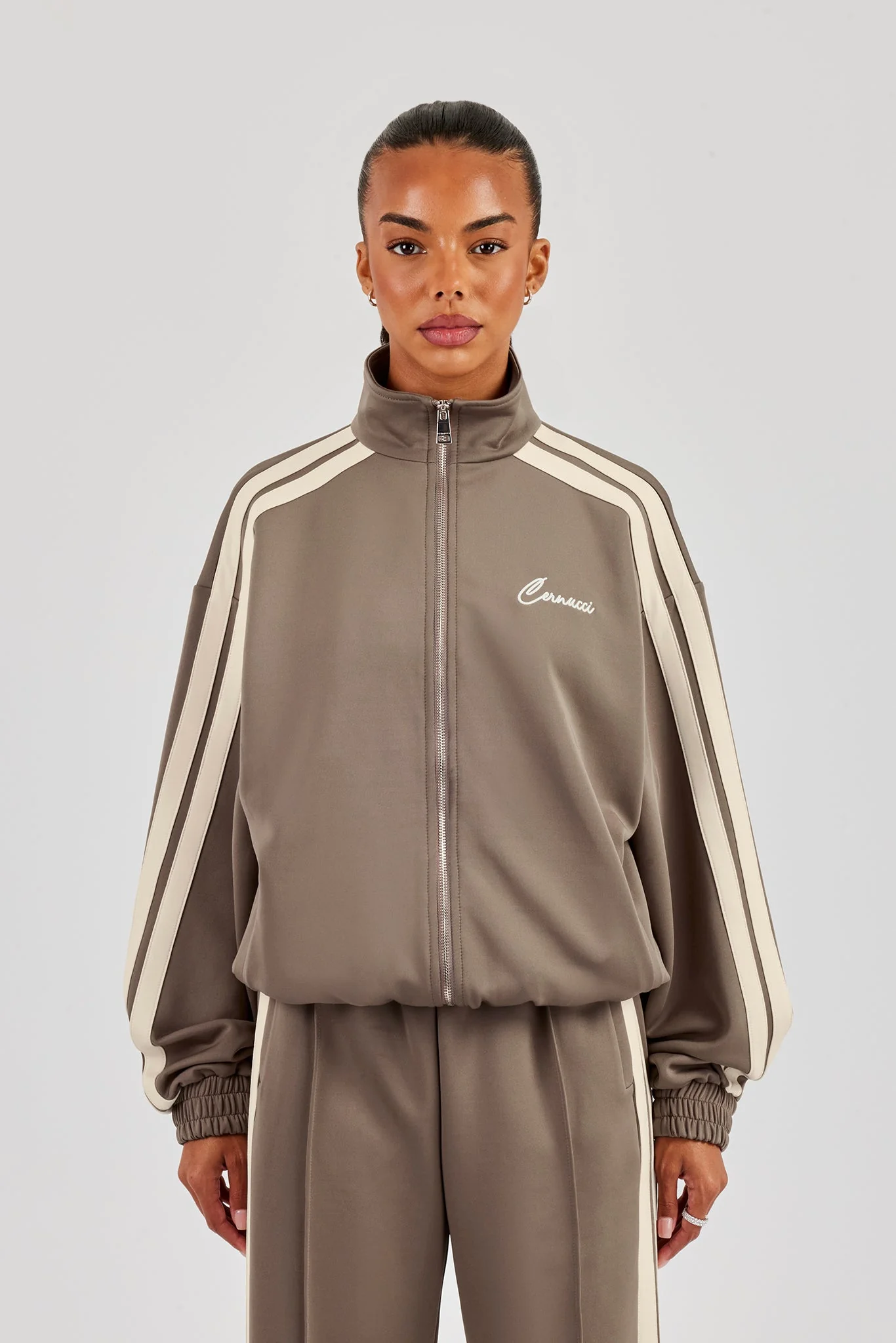 Funnel Neck Taping Zip Through Track Jacket - Taupe - Image 2