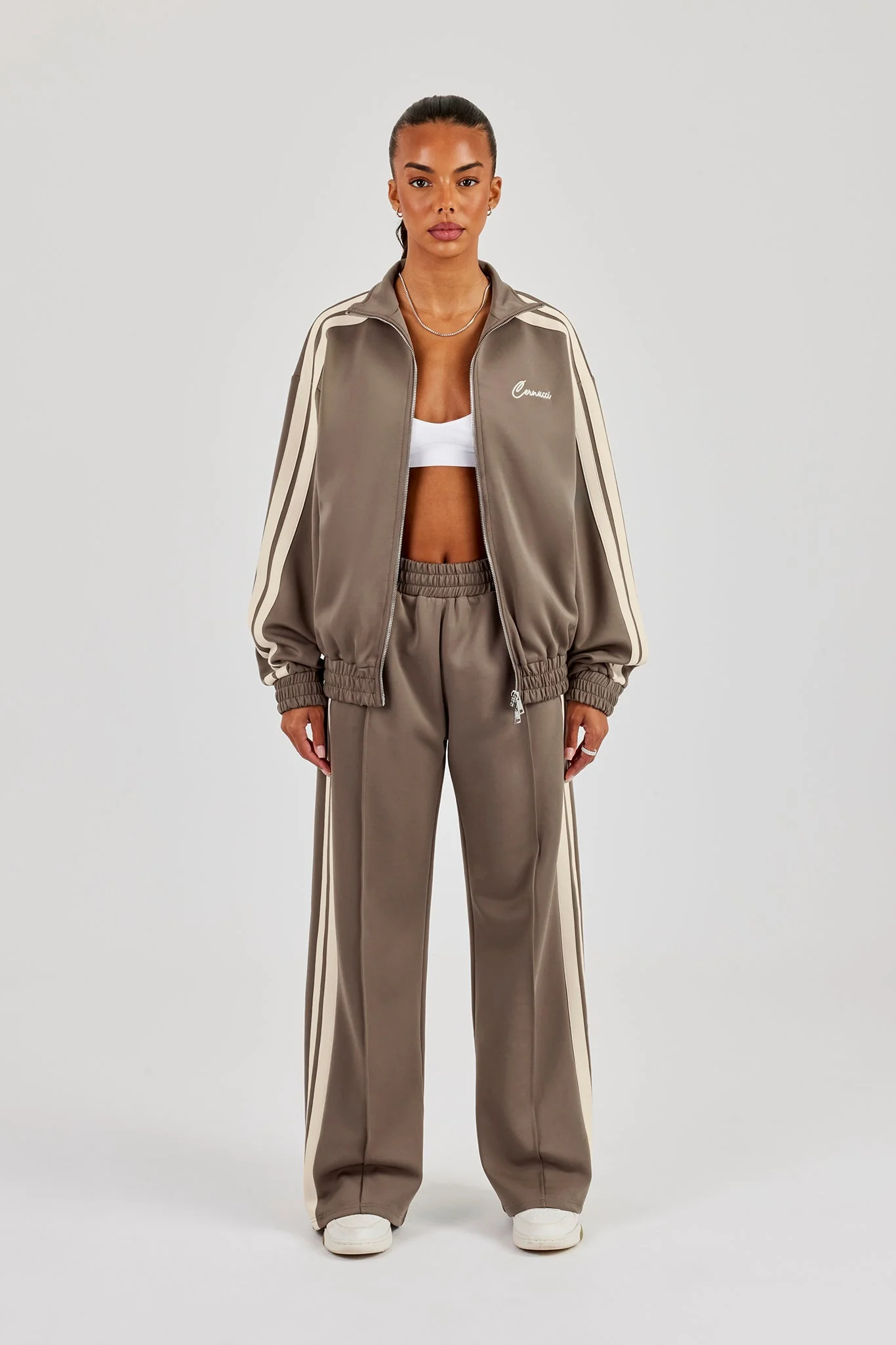 Funnel Neck Taping Zip Through Track Jacket & Wide Leg Pant - Taupe - Image 2