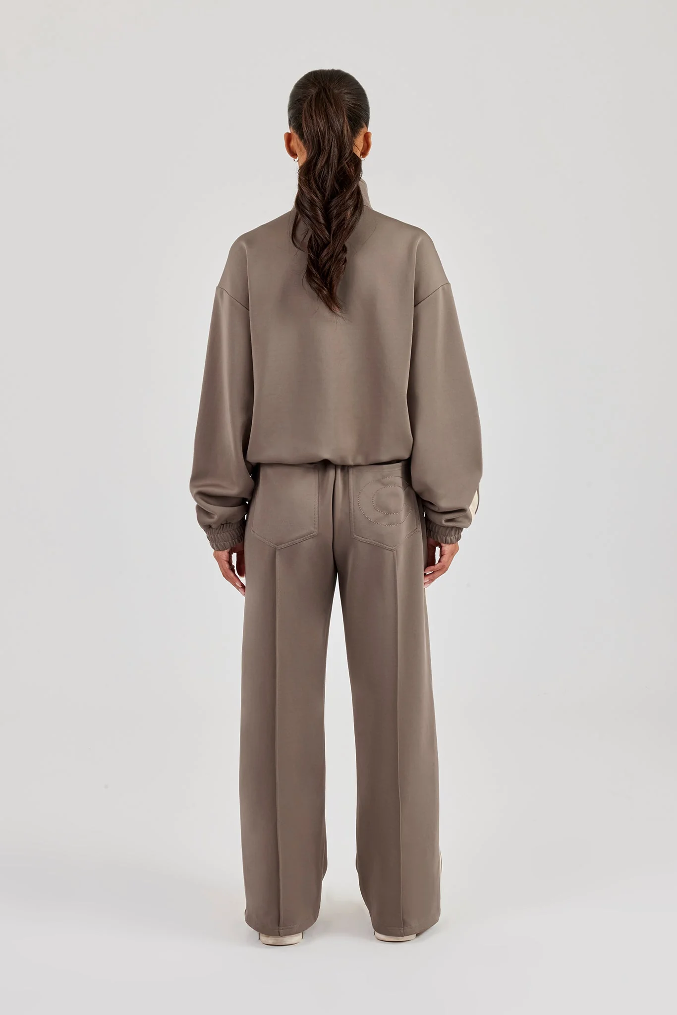 Funnel Neck Taping Zip Through Track Jacket & Wide Leg Pant - Taupe - Image 4