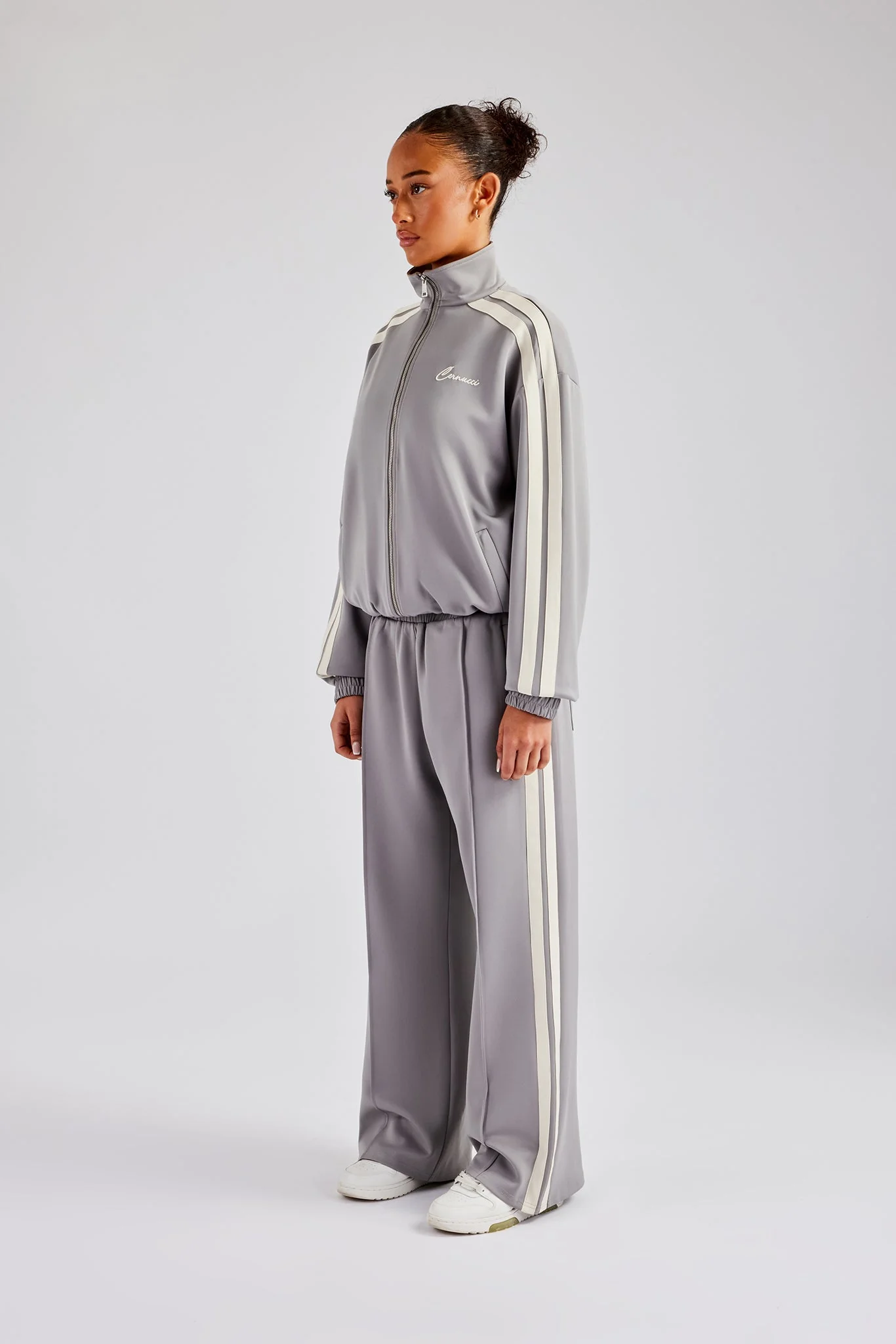 Funnel Neck Taping Zip Through Tracksuit - Grey - Image 2