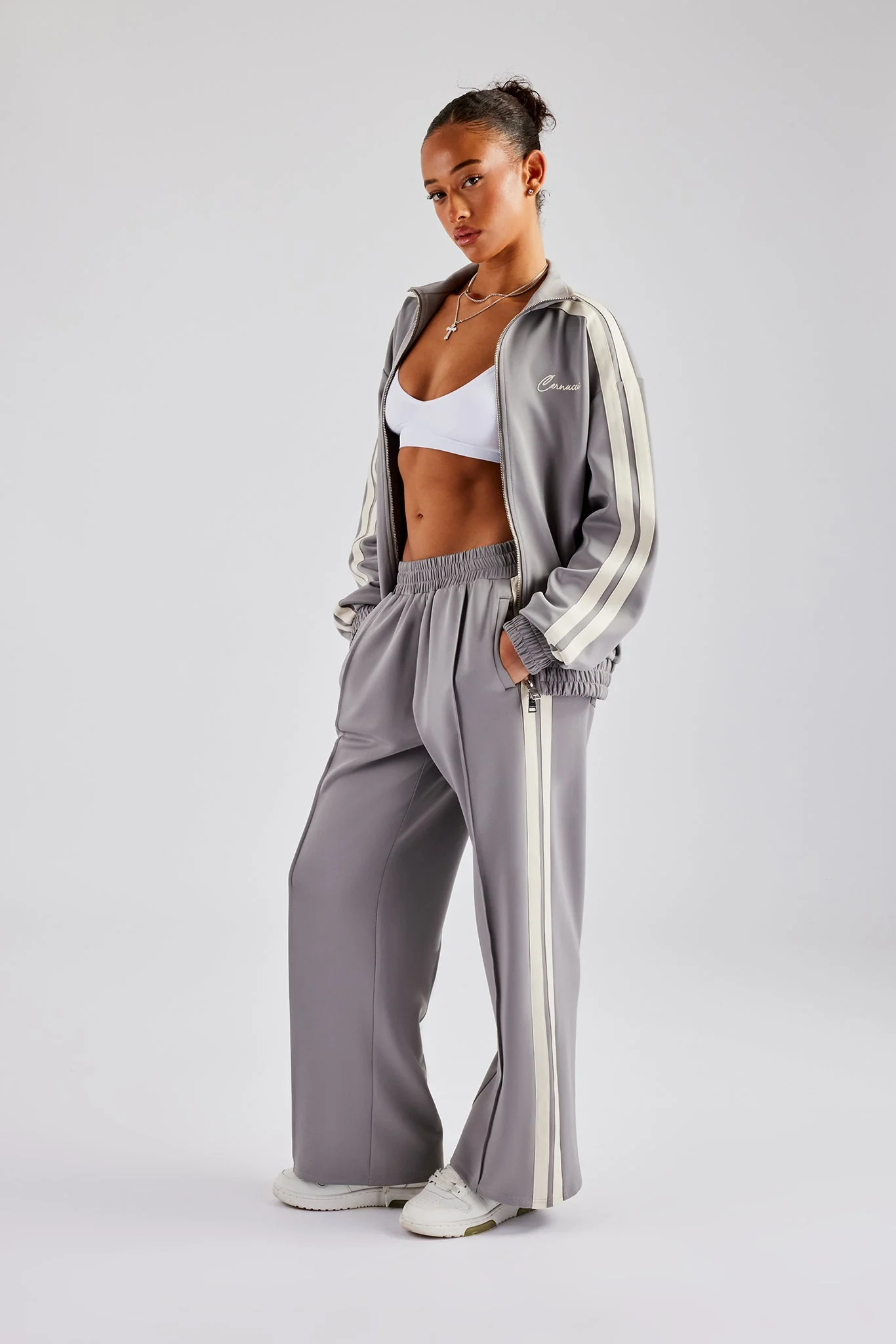 Funnel Neck Taping Zip Through Tracksuit - Grey - Image 3