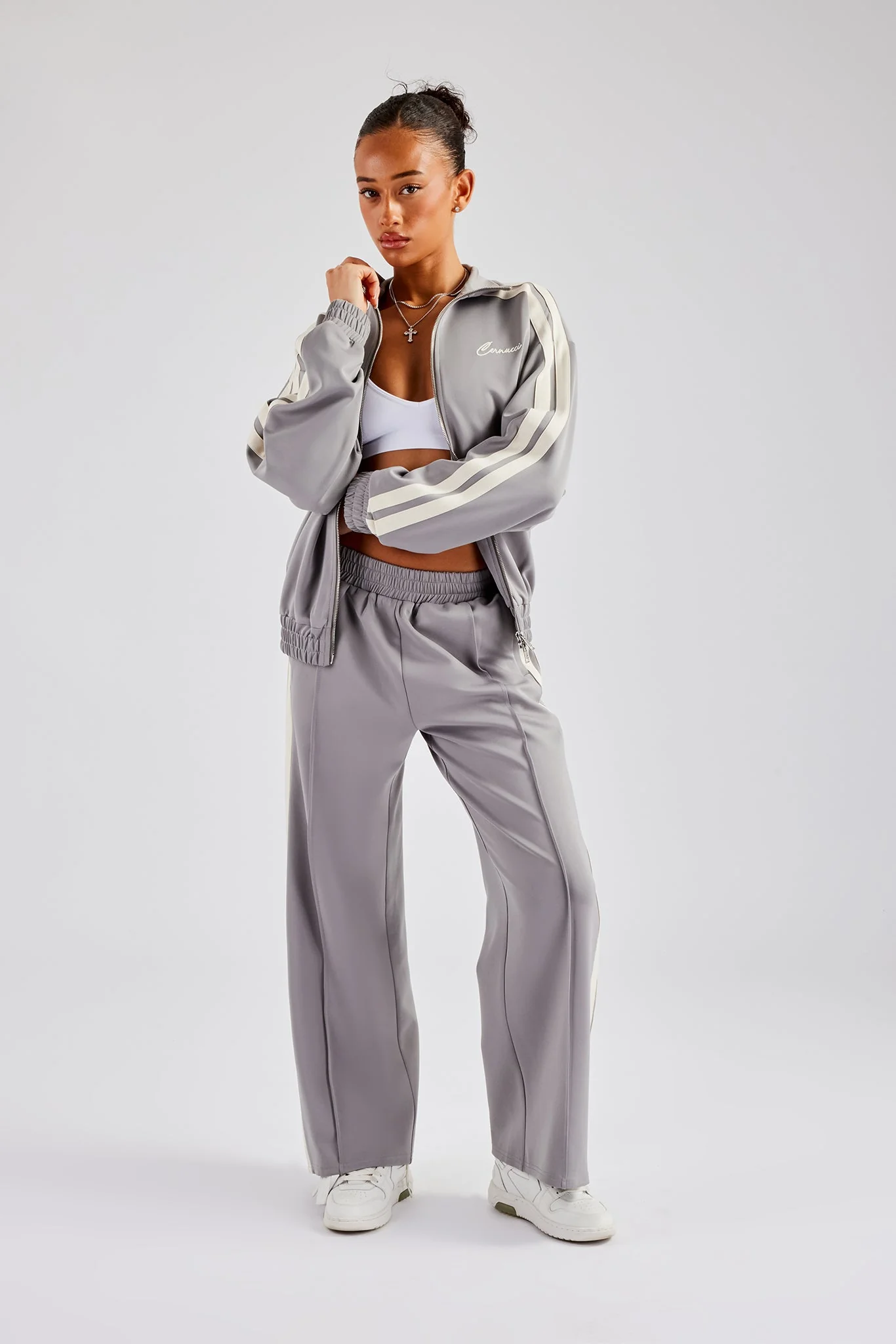 Funnel Neck Taping Zip Through Tracksuit - Grey - Image 4