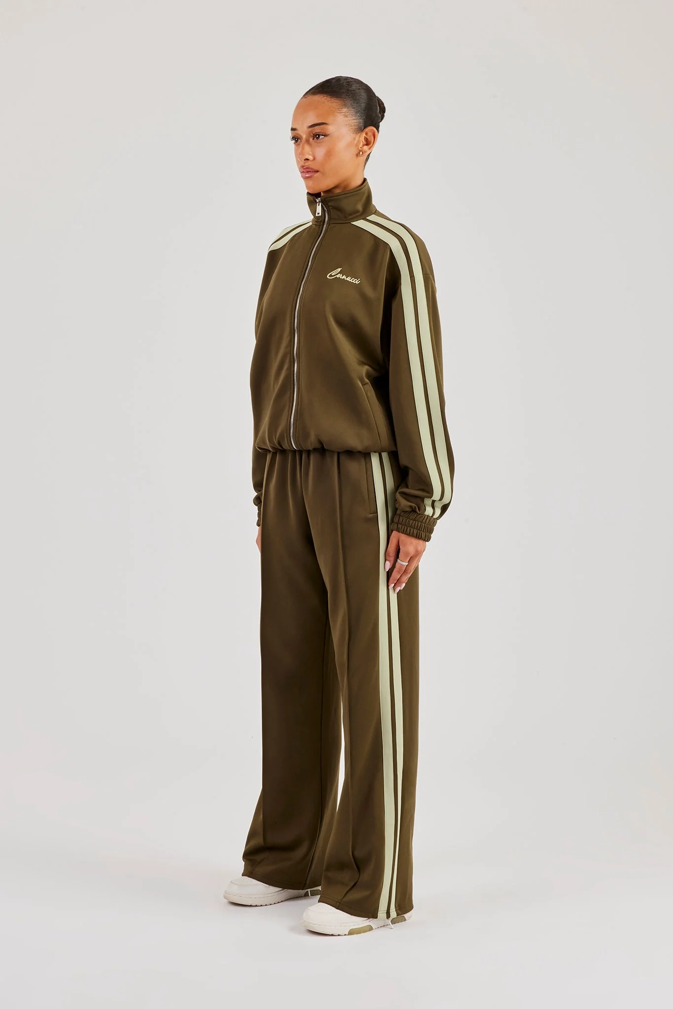 Funnel Neck Taping Zip Through Tracksuit - Khaki - Image 4