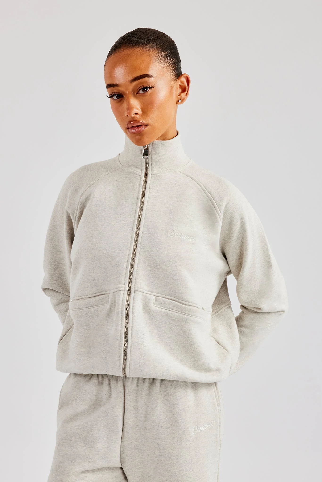 Funnel Neck Zip Through Sweat - Ash Grey - Image 4