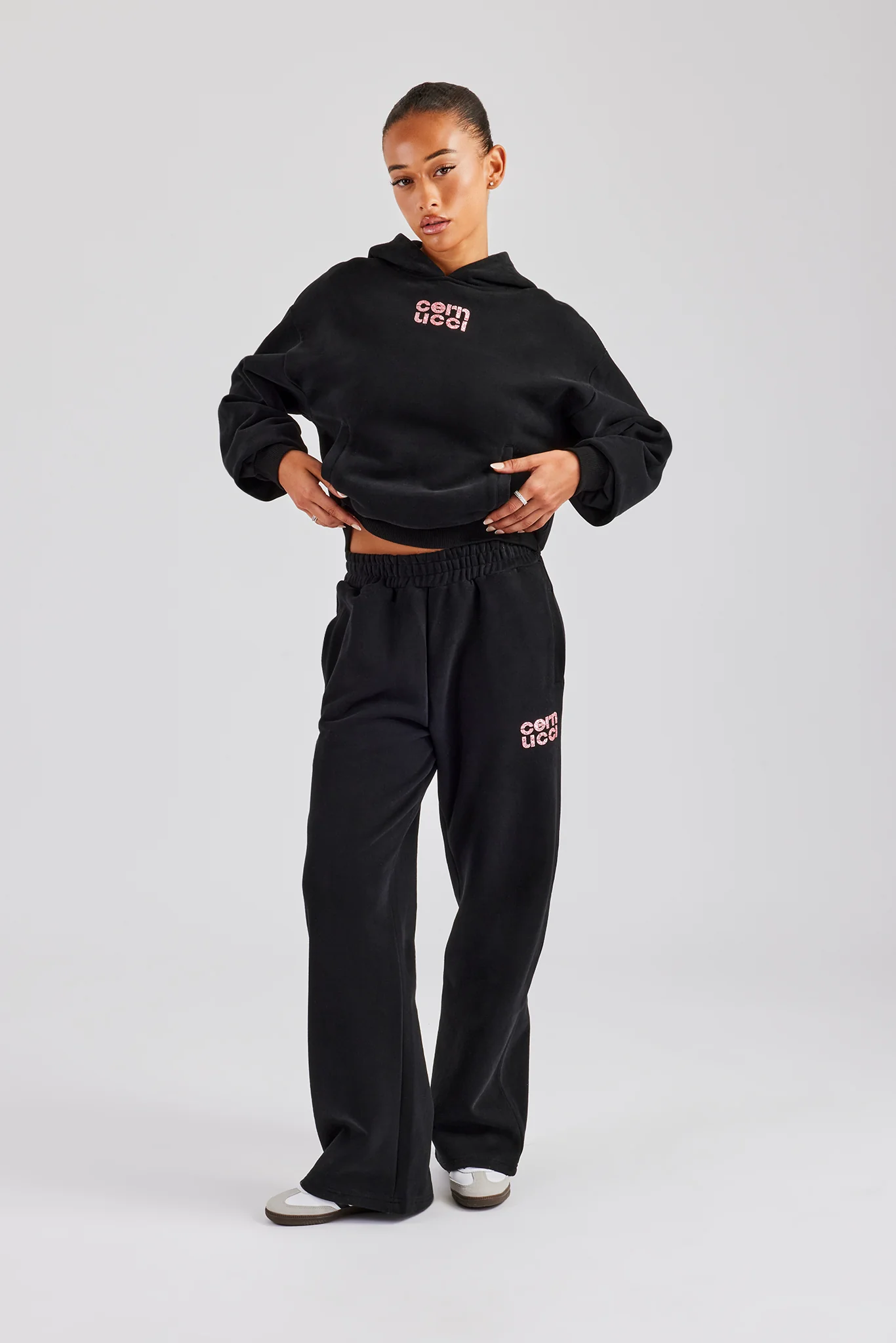 Glitter Applique Oversized Hoodie Tracksuit - Black - Image 4