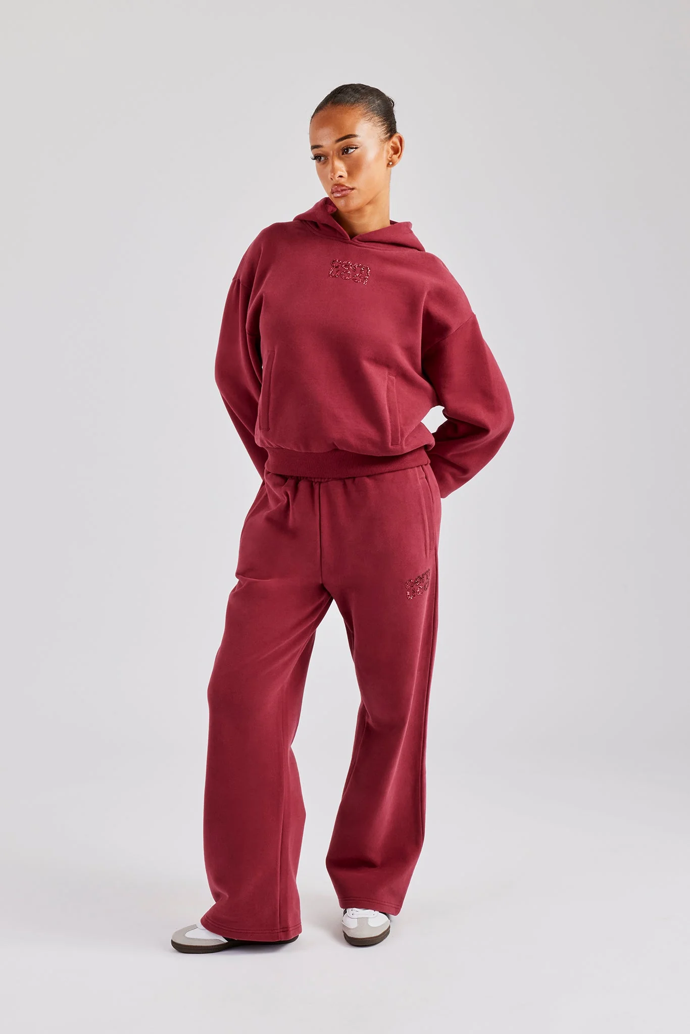 Glitter Applique Oversized Hoodie Tracksuit - Cherry Red - Image 3