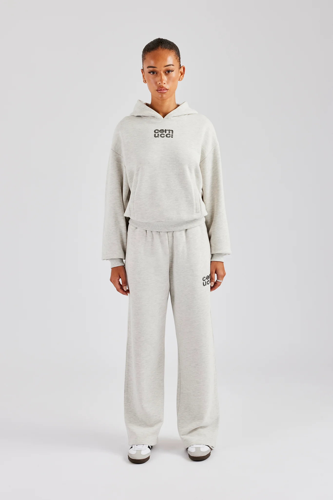 Glitter Applique Oversized Hooded Tracksuit - Ash Grey