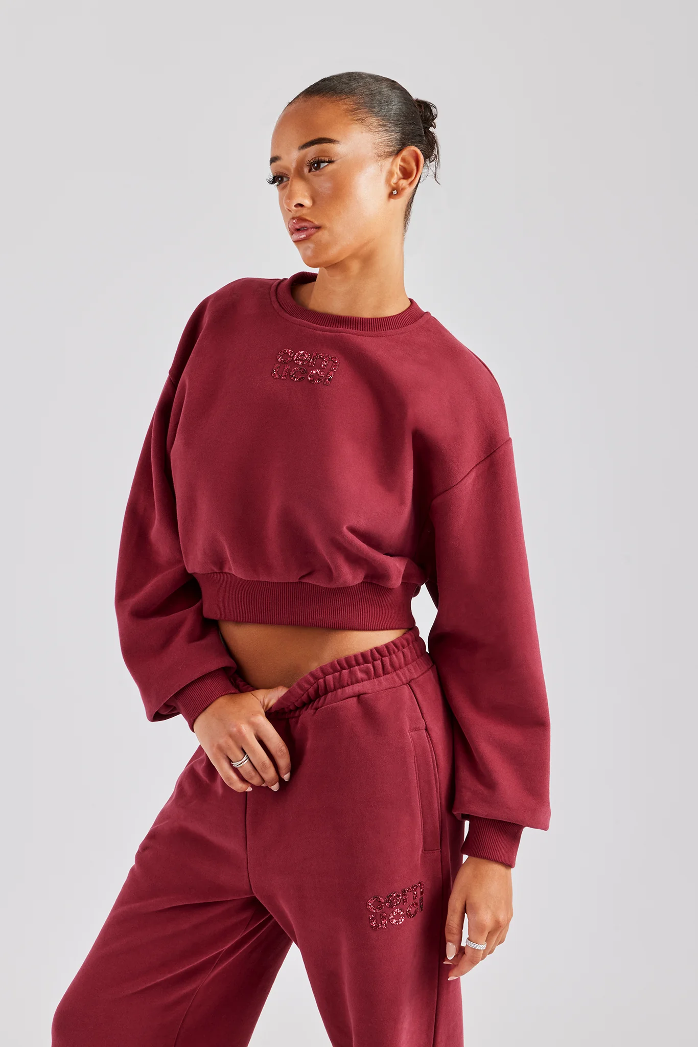 Glitter Applique Cropped Sweatshirt - Cherry Red - Image 3
