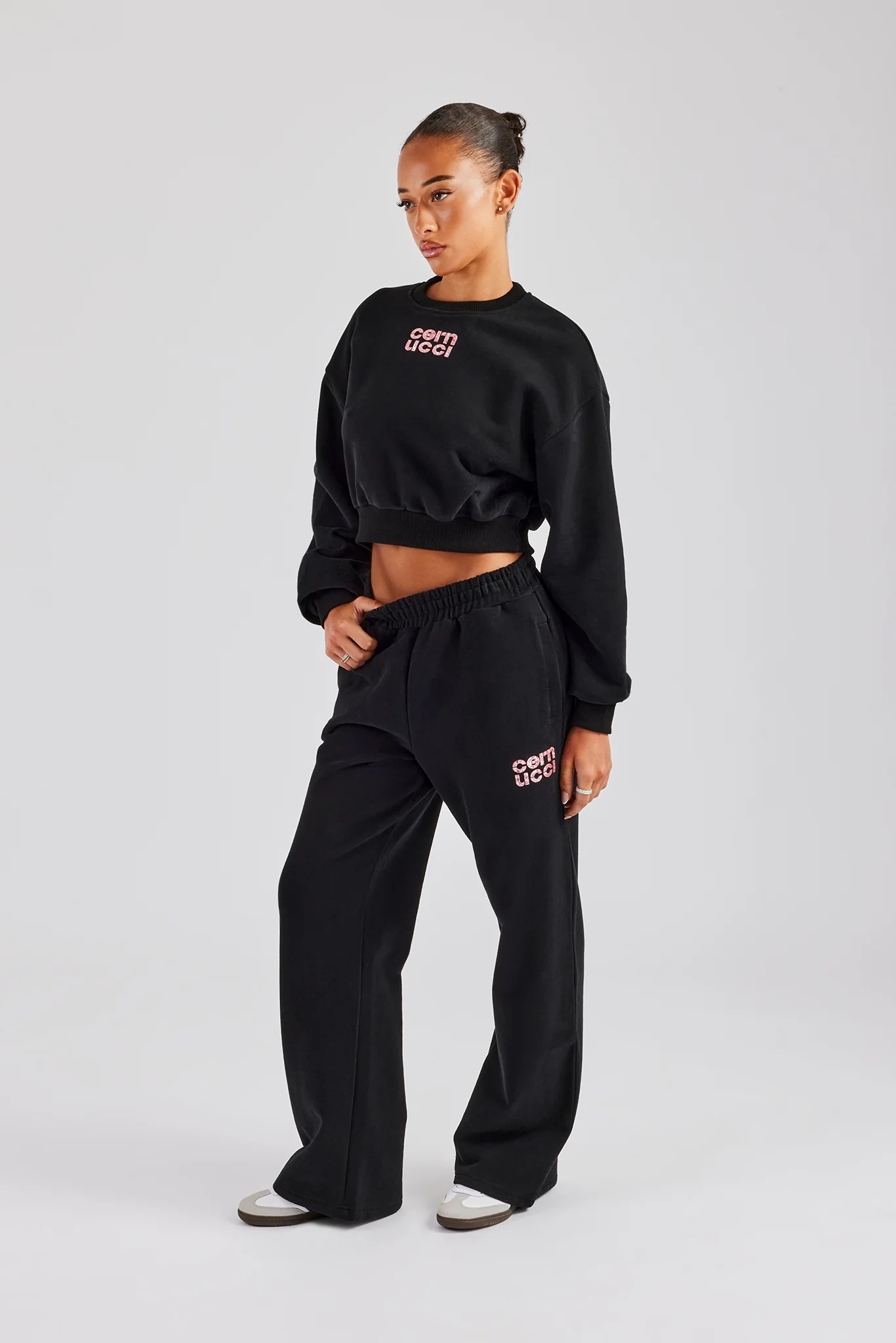 Glitter Applique Cropped Sweatshirt Tracksuit - Black - Image 5