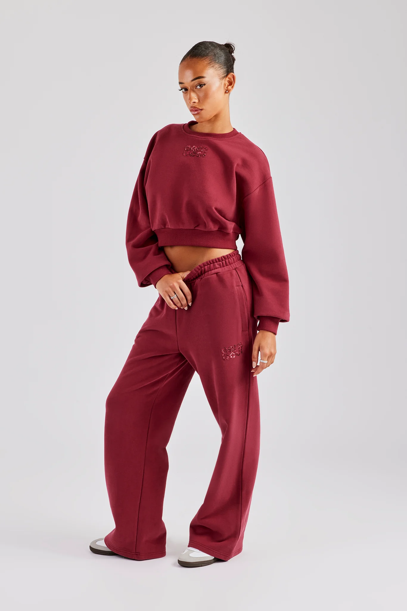 Glitter Applique Cropped Sweatshirt Tracksuit - Cherry Red - Image 2