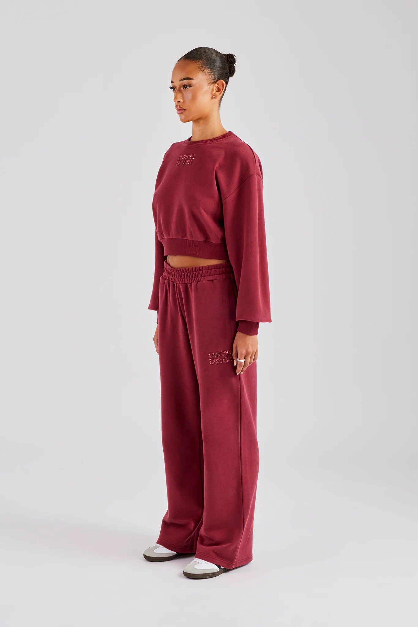 Glitter Applique Cropped Sweatshirt Tracksuit - Cherry Red - Image 3
