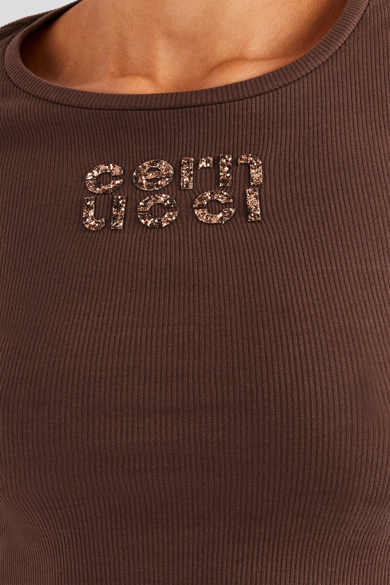 Glitter Applique Rib Long Sleeve Top - Chocolate - Image 2