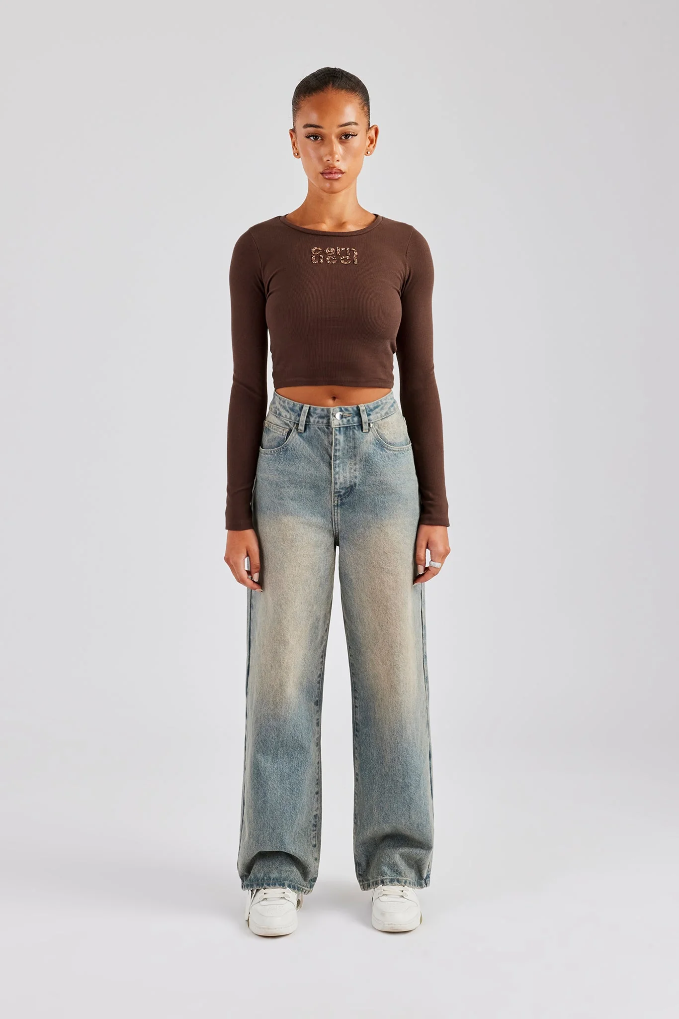 Glitter Applique Rib Long Sleeve Top - Chocolate - Image 3