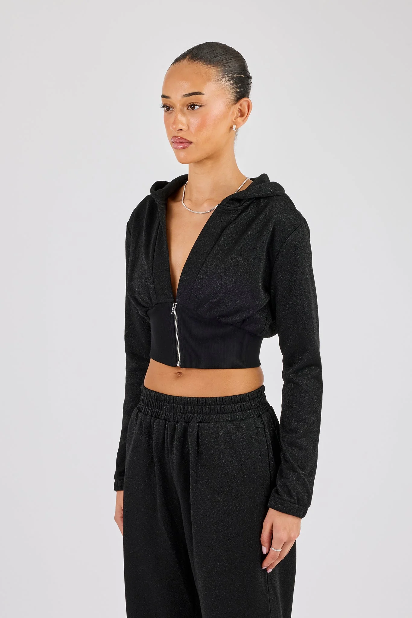 Glitter Fitted Cropped Hoodie - Black - Image 2