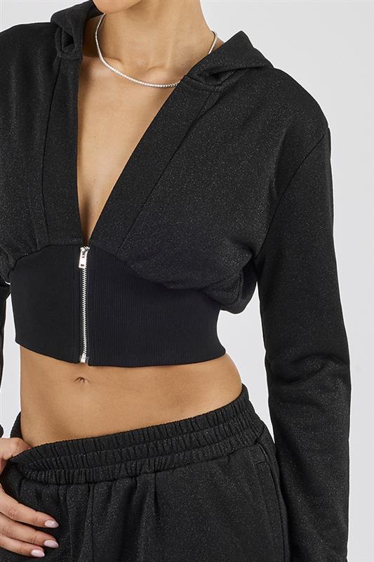 Glitter Fitted Cropped Hoodie - Black - Image 4
