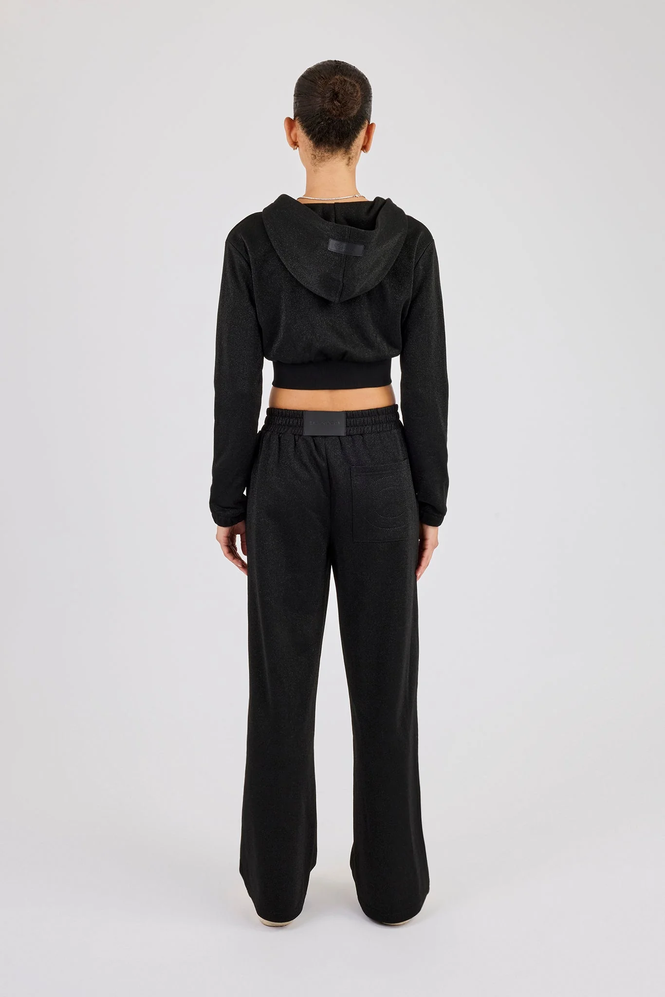 Glitter Fitted Cropped Hoodie & Wide Leg Jogger - Black - Image 5