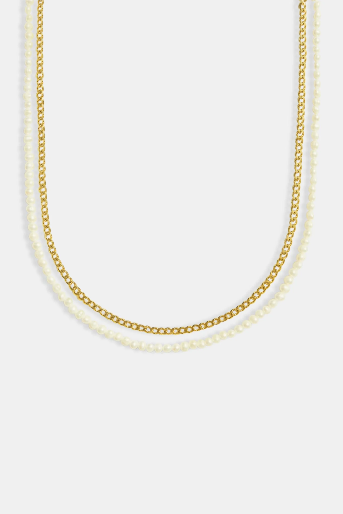 Gold Plated Double Layer Freshwater Pearl & Chain Necklace - Image 2