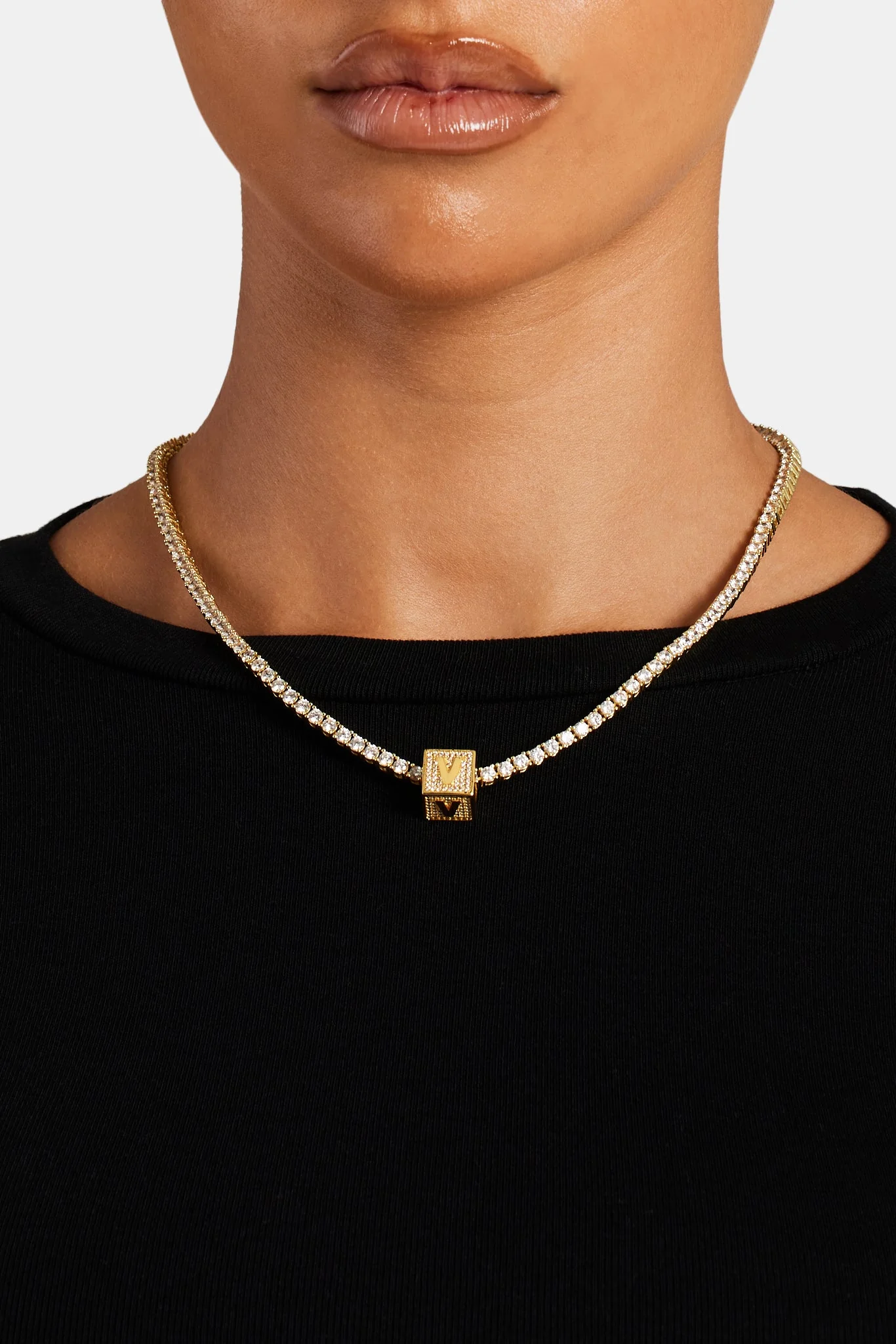 Gold Plated Iced V Letter Block Pendant - Image 3