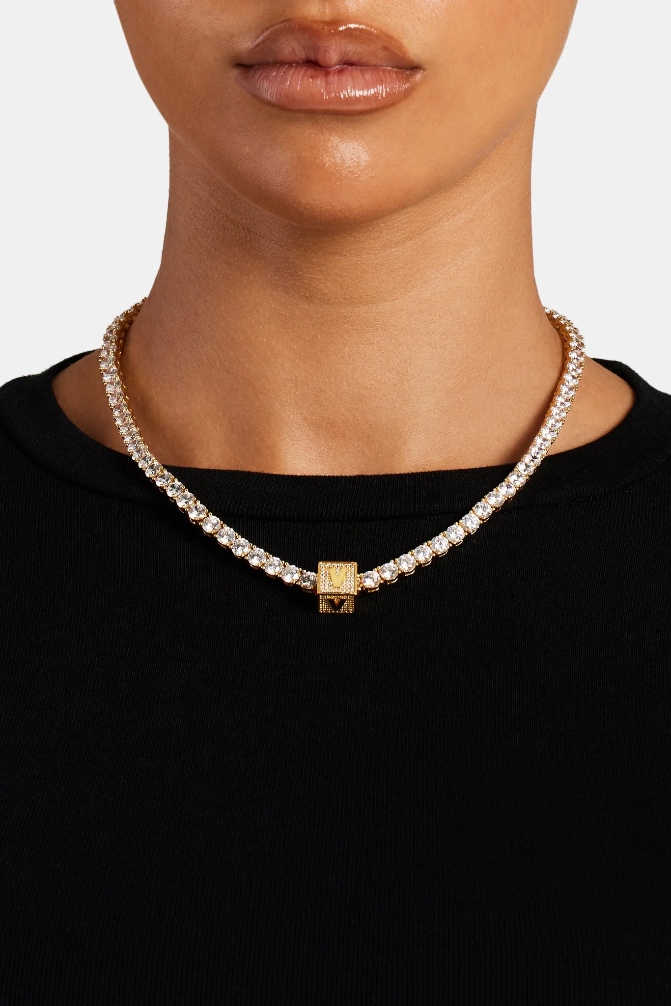 Gold Plated Iced V Letter Block Pendant - Image 4