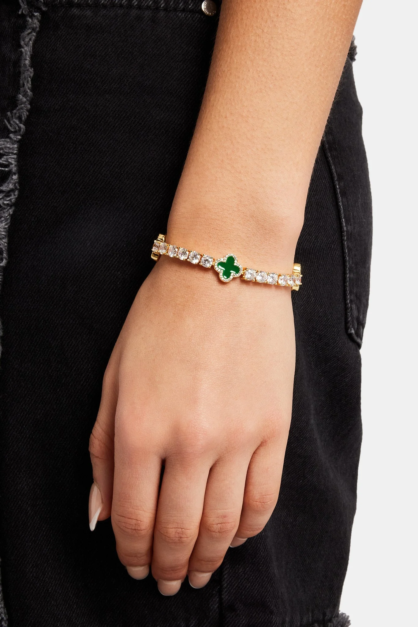 Green Motif Tennis Bracelet - Gold 5mm - Image 2