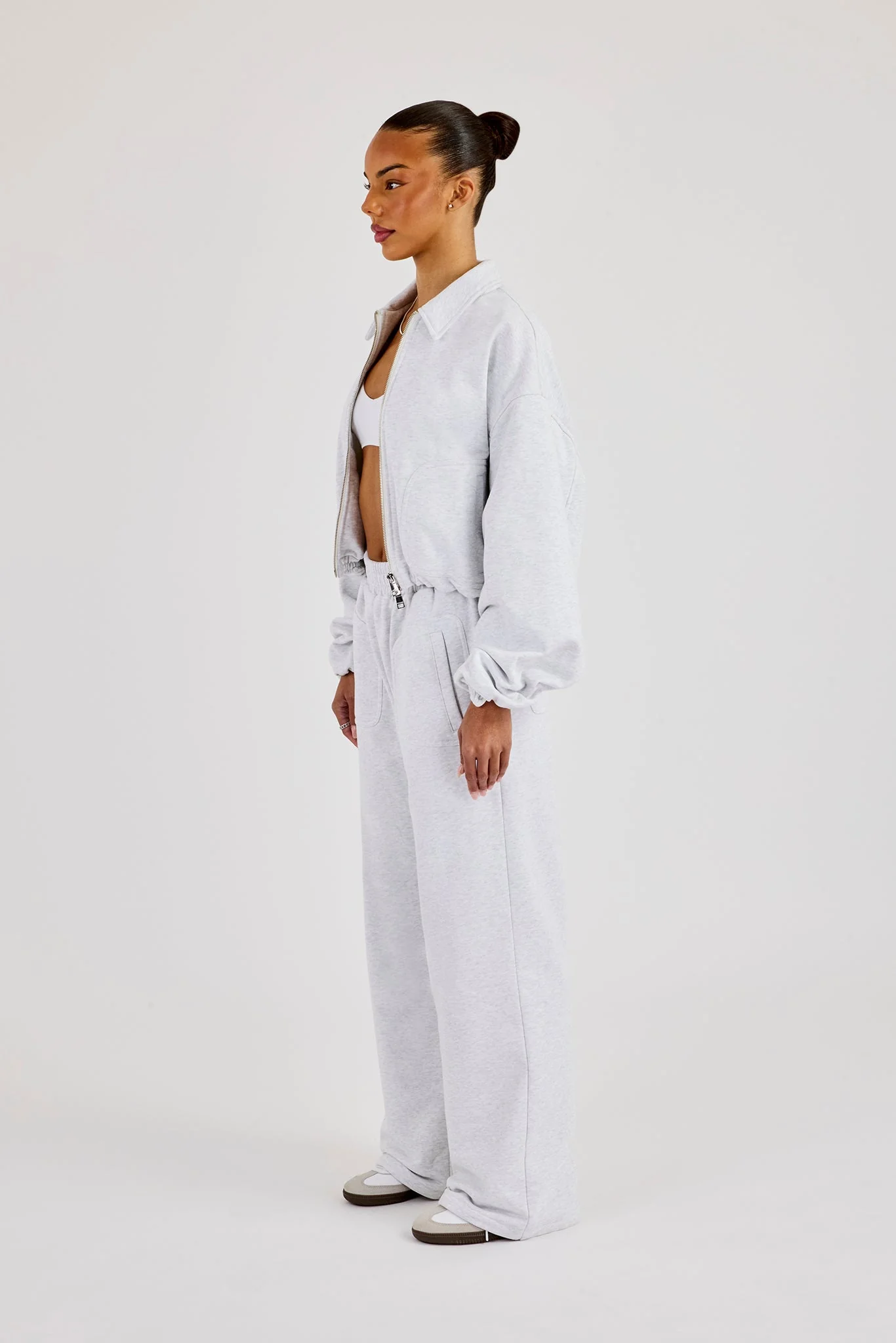 Heavyweight Jersey Collared Bomber Jacket & Wide Leg Jogger - Grey Marl - Image 2