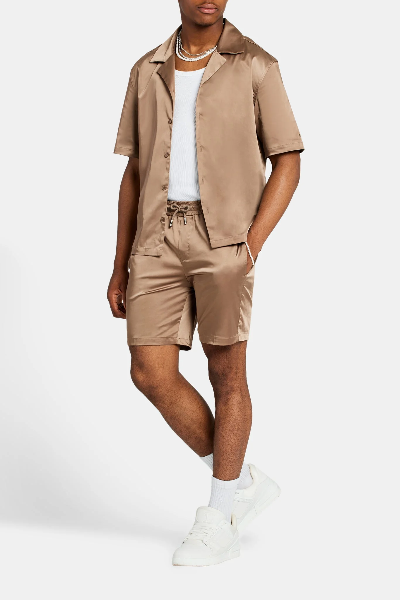 Heavyweight Boxy Fit Satin Shirt - Coffee - Image 2