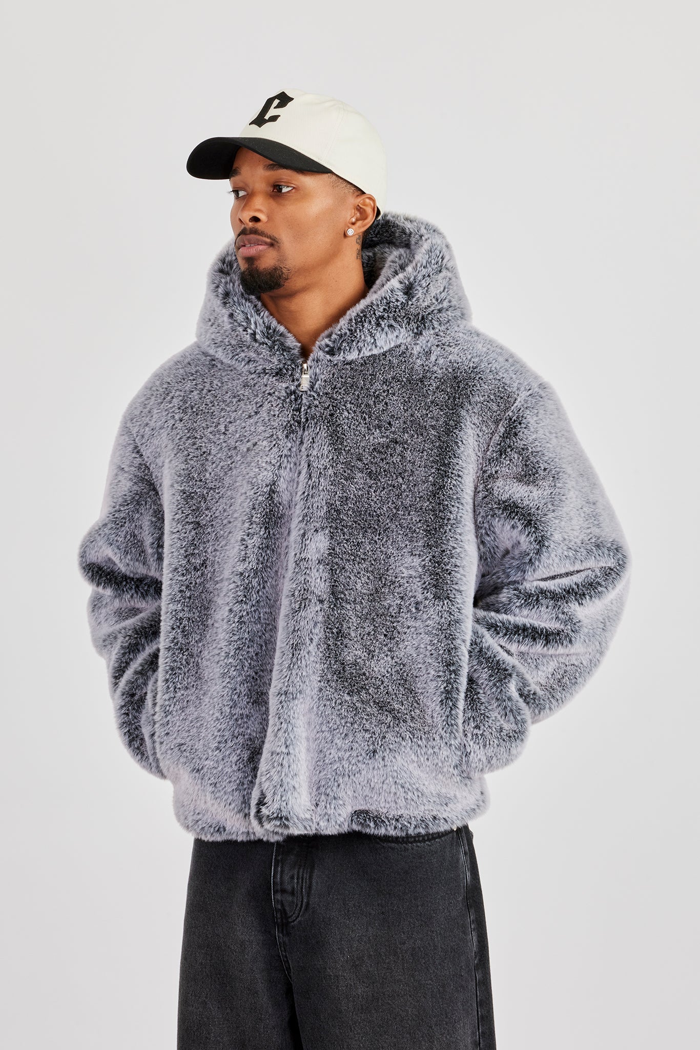 Hooded Fur Jacket - Grey - Image 2
