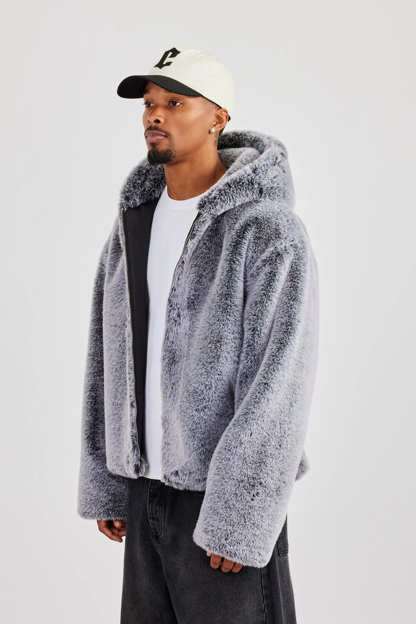 Hooded Fur Jacket - Grey - Image 3