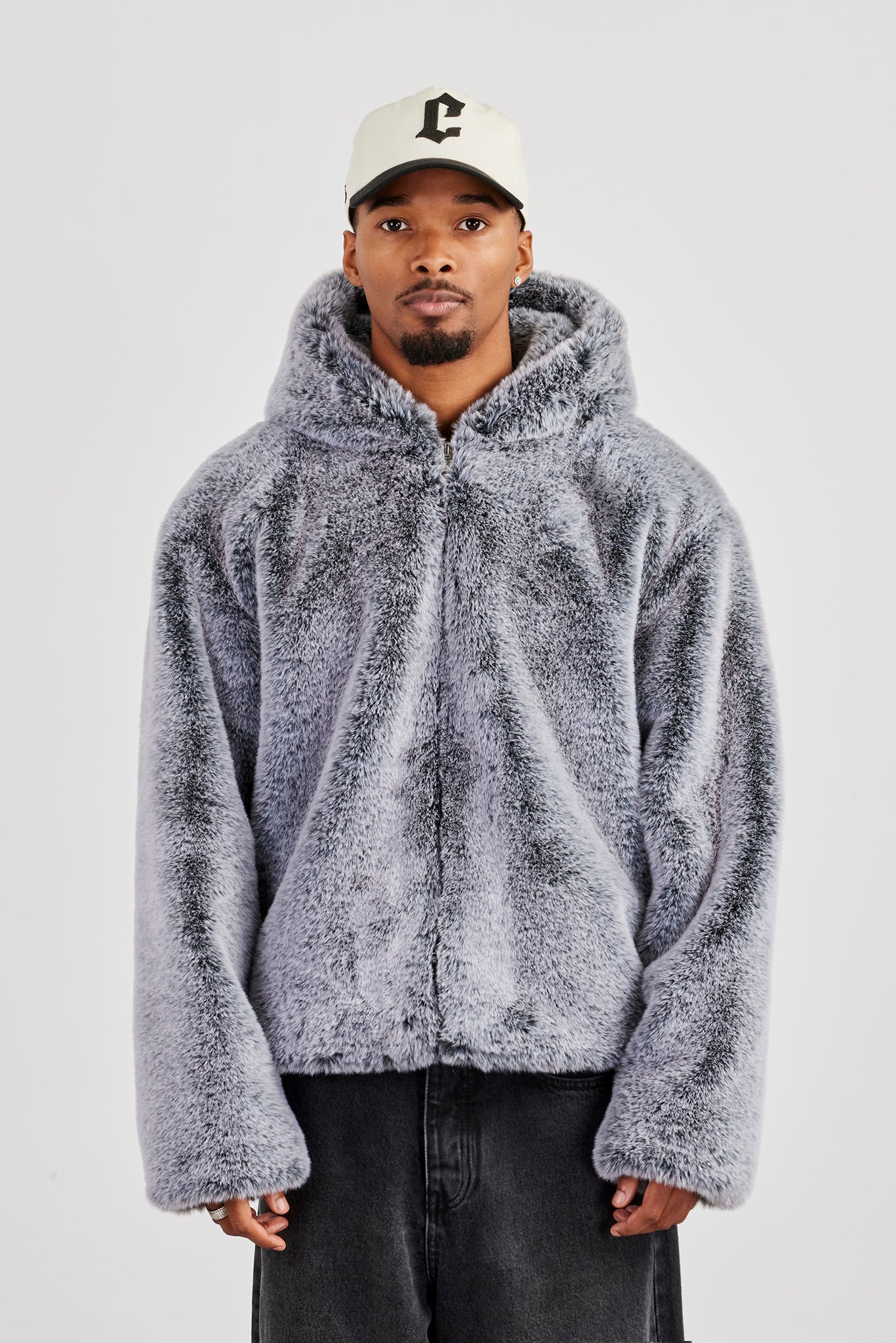 Hooded Fur Jacket - Grey - Image 4