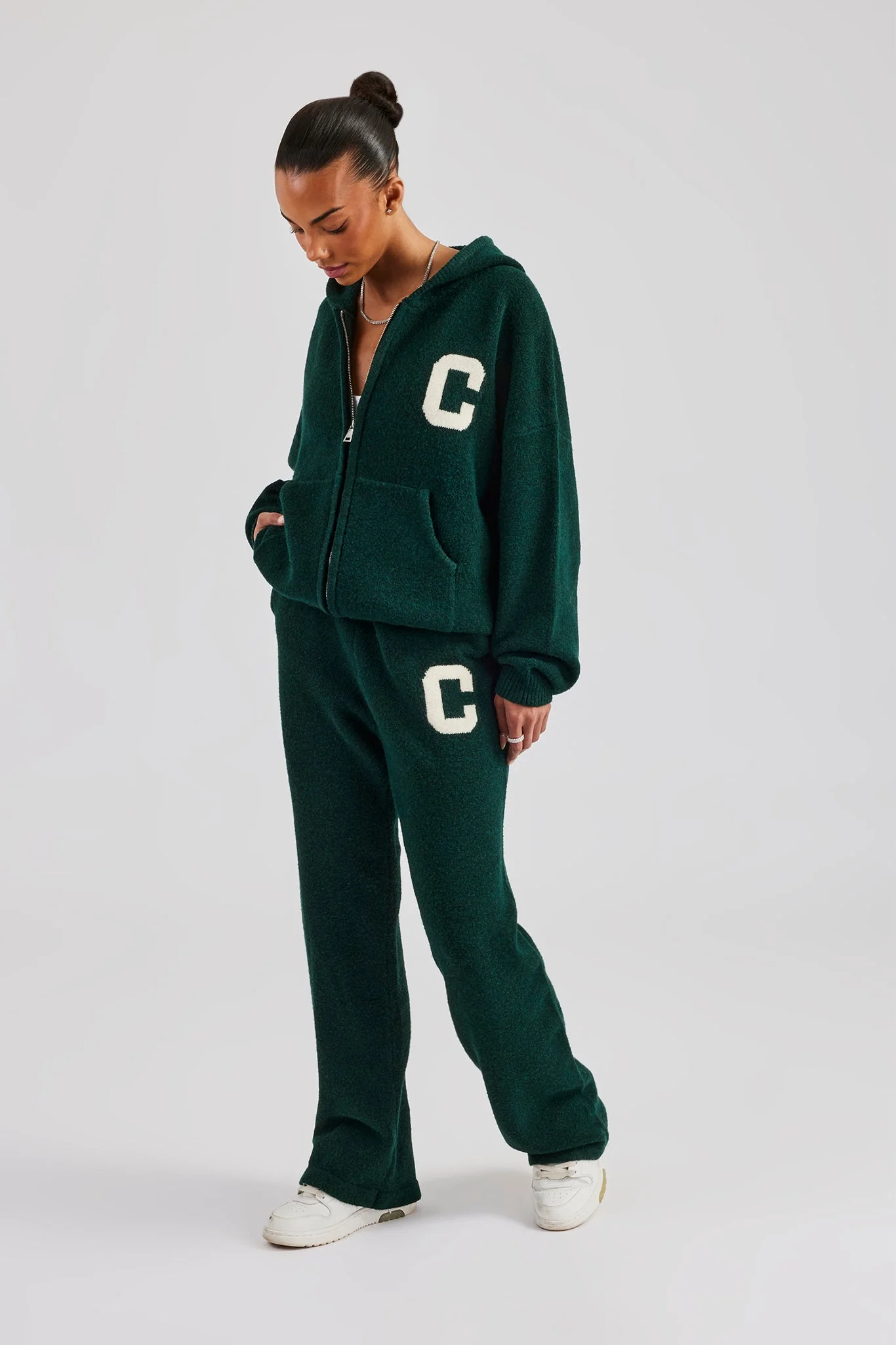 Hooded Zip Through Knitted Jumper - Bottle Green - Image 2