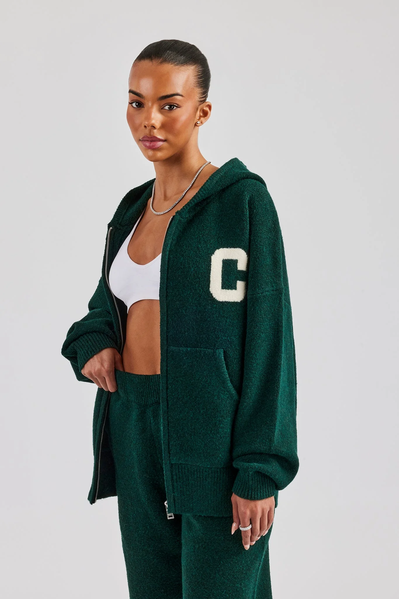 Hooded Zip Through Knitted Jumper - Bottle Green - Image 4