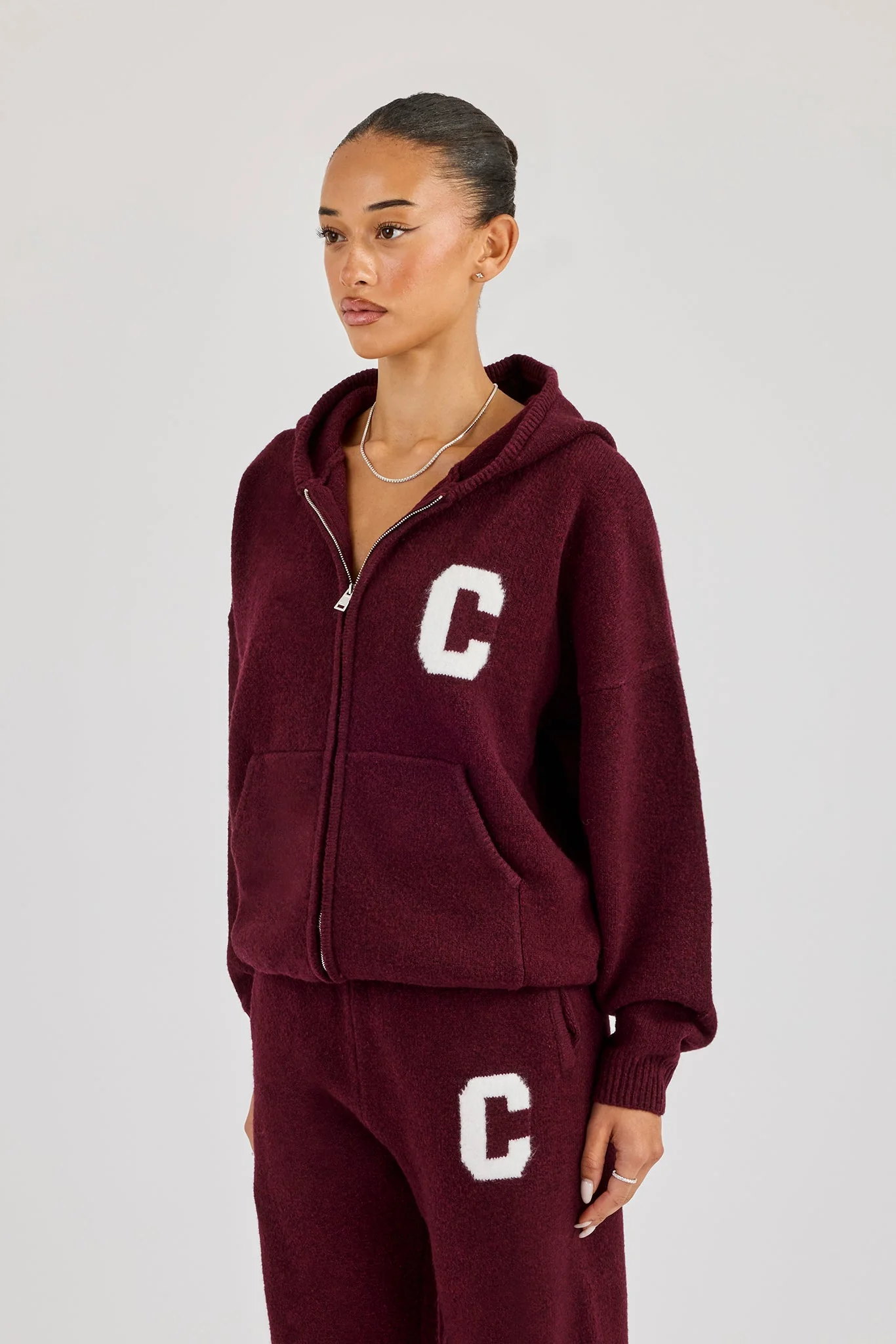 Hooded Zip Through Knitted Jumper - Burgundy - Image 3