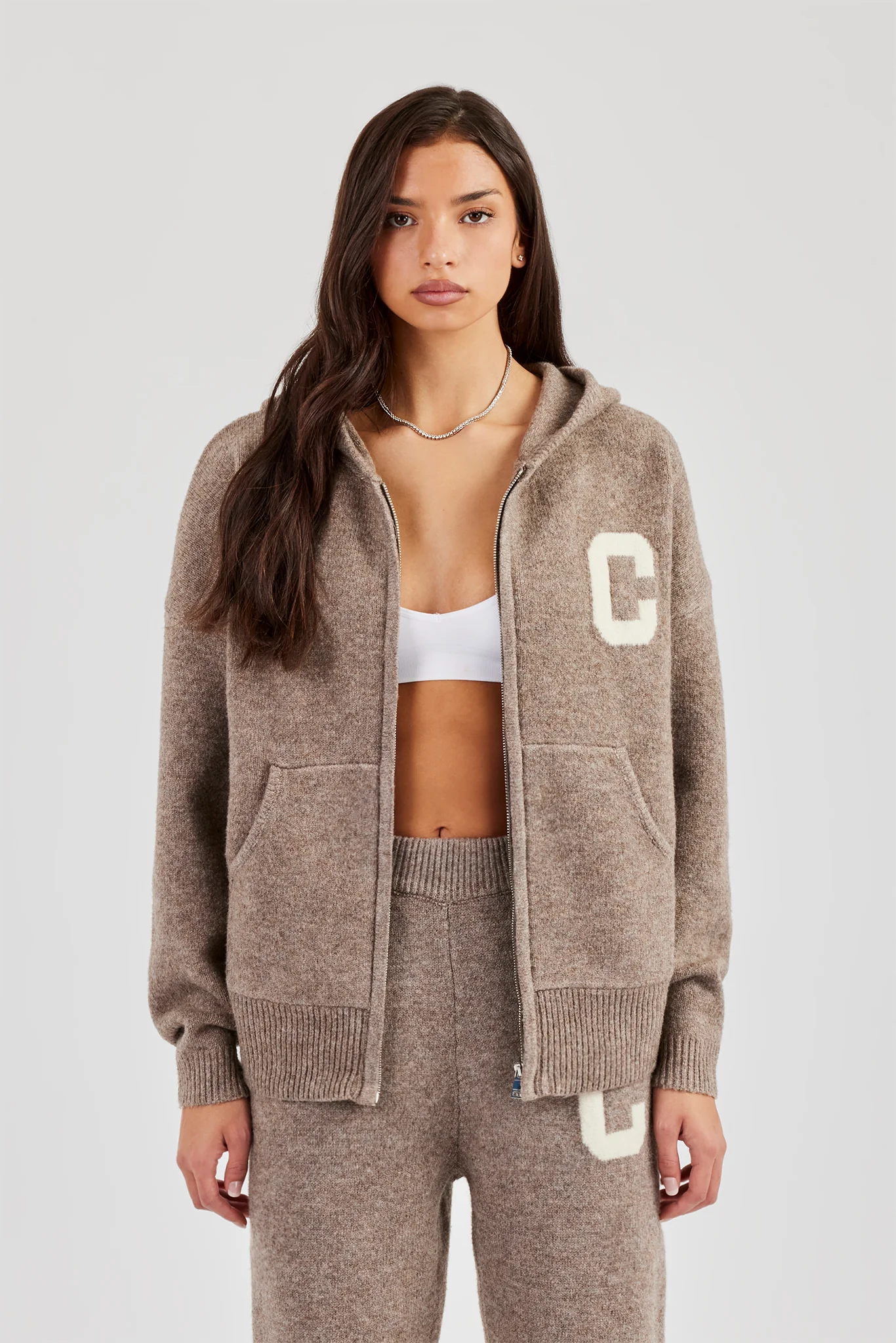 Hooded Zip Through Knitted Jumper - Taupe - Image 4