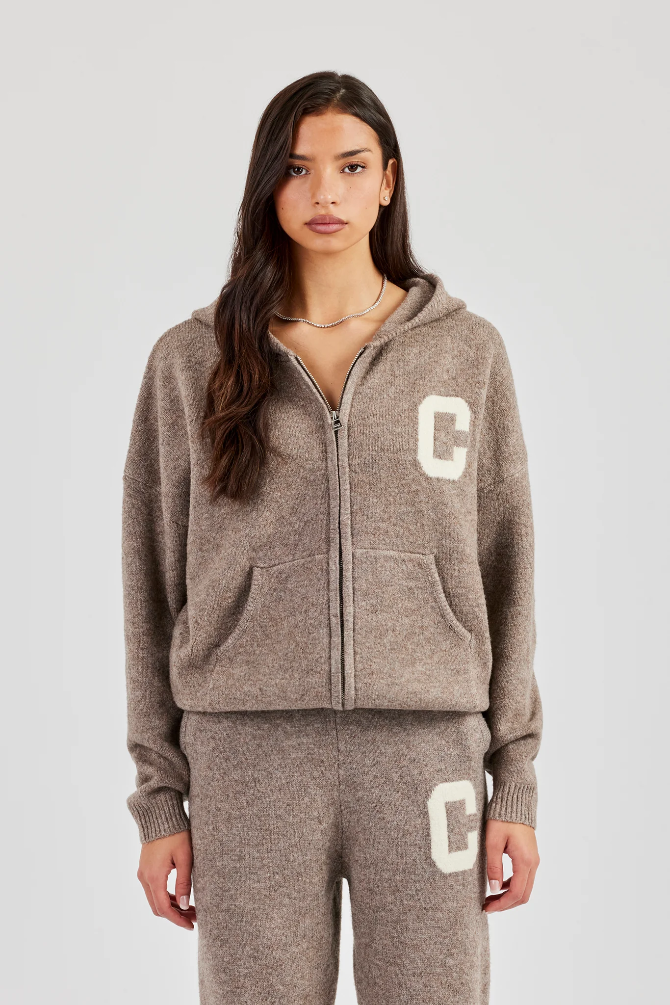 Hooded Zip Through Knitted Jumper - Taupe - Image 5