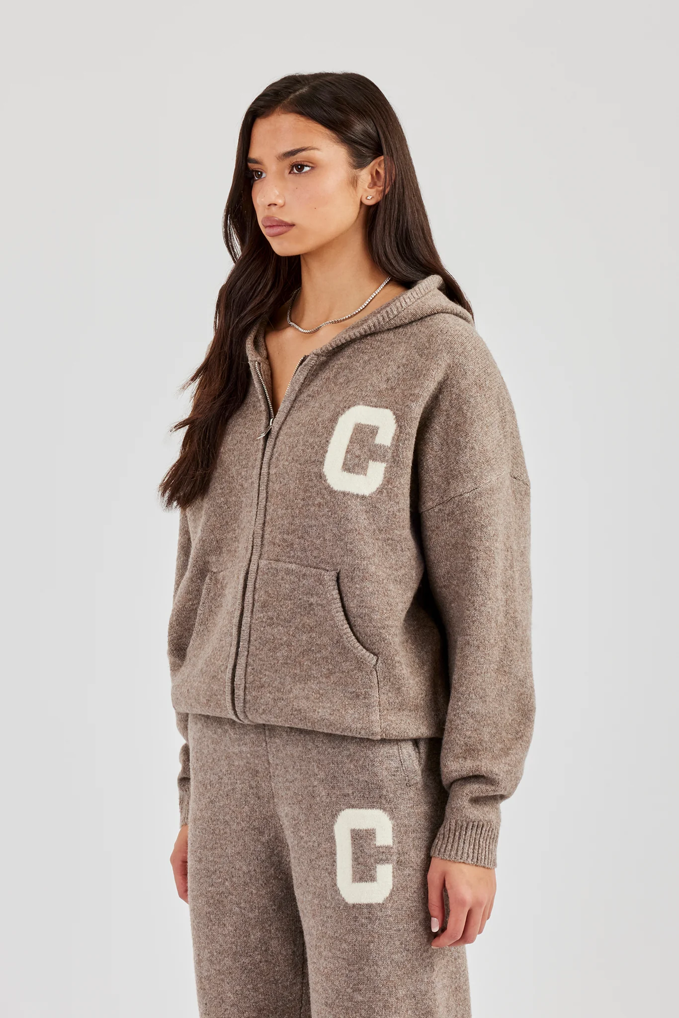 Hooded Zip Through Knitted Jumper - Taupe - Image 6